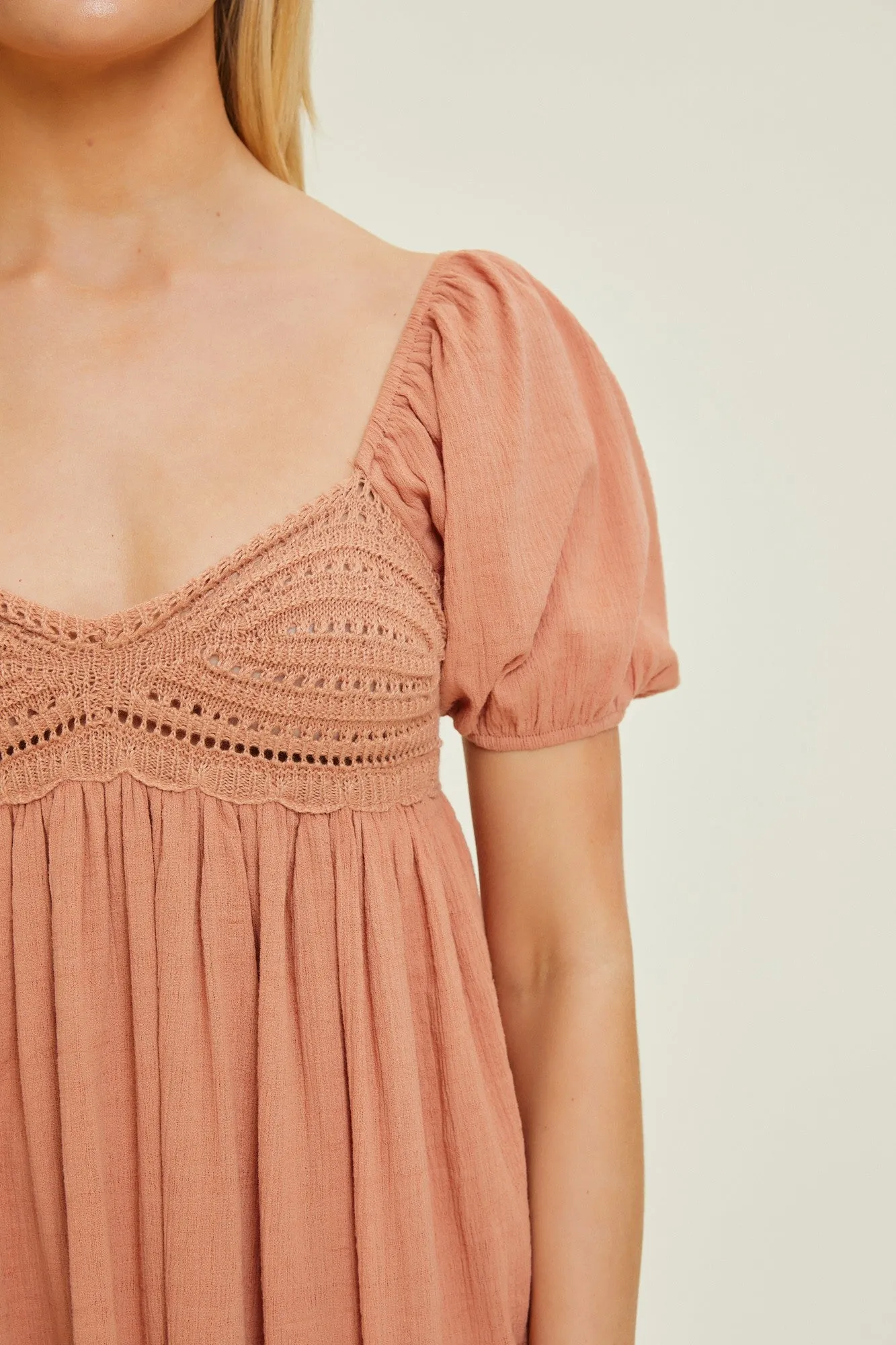 Salmon Crochet Front Short Puff Sleeve Midi Dress sold by Pinkblush product image thumbnail 4