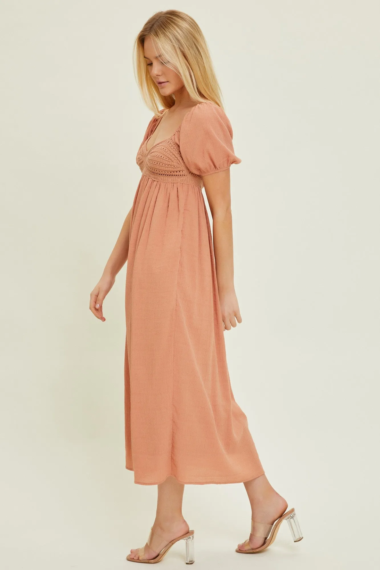 Salmon Crochet Front Short Puff Sleeve Midi Dress sold by Pinkblush product image thumbnail 2