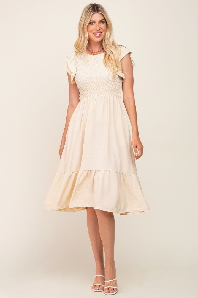 Beige Smocked Layered Ruffle Flutter Sleeve Midi Dress sold by Pinkblush product image thumbnail 4