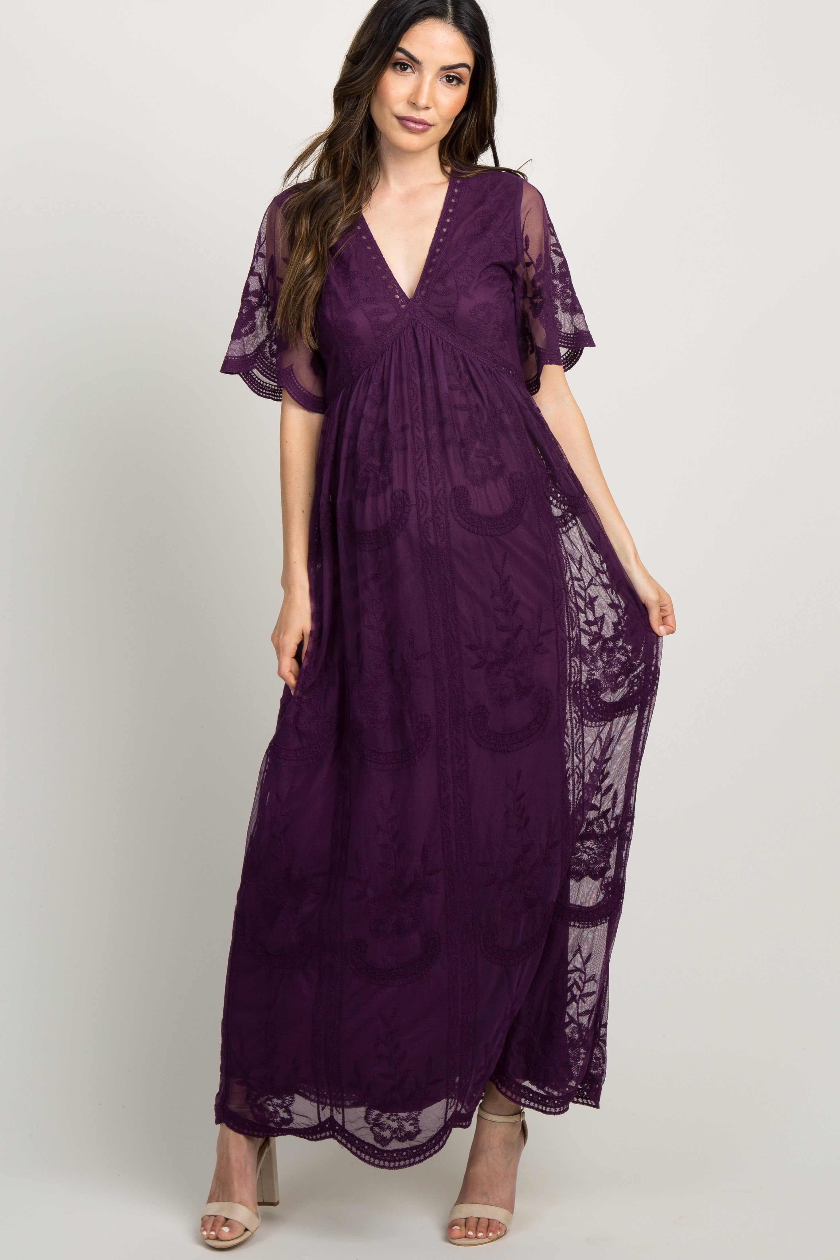 PinkBlush Plum Lace Mesh Overlay Maternity Maxi Dress sold by Pinkblush product image thumbnail 3