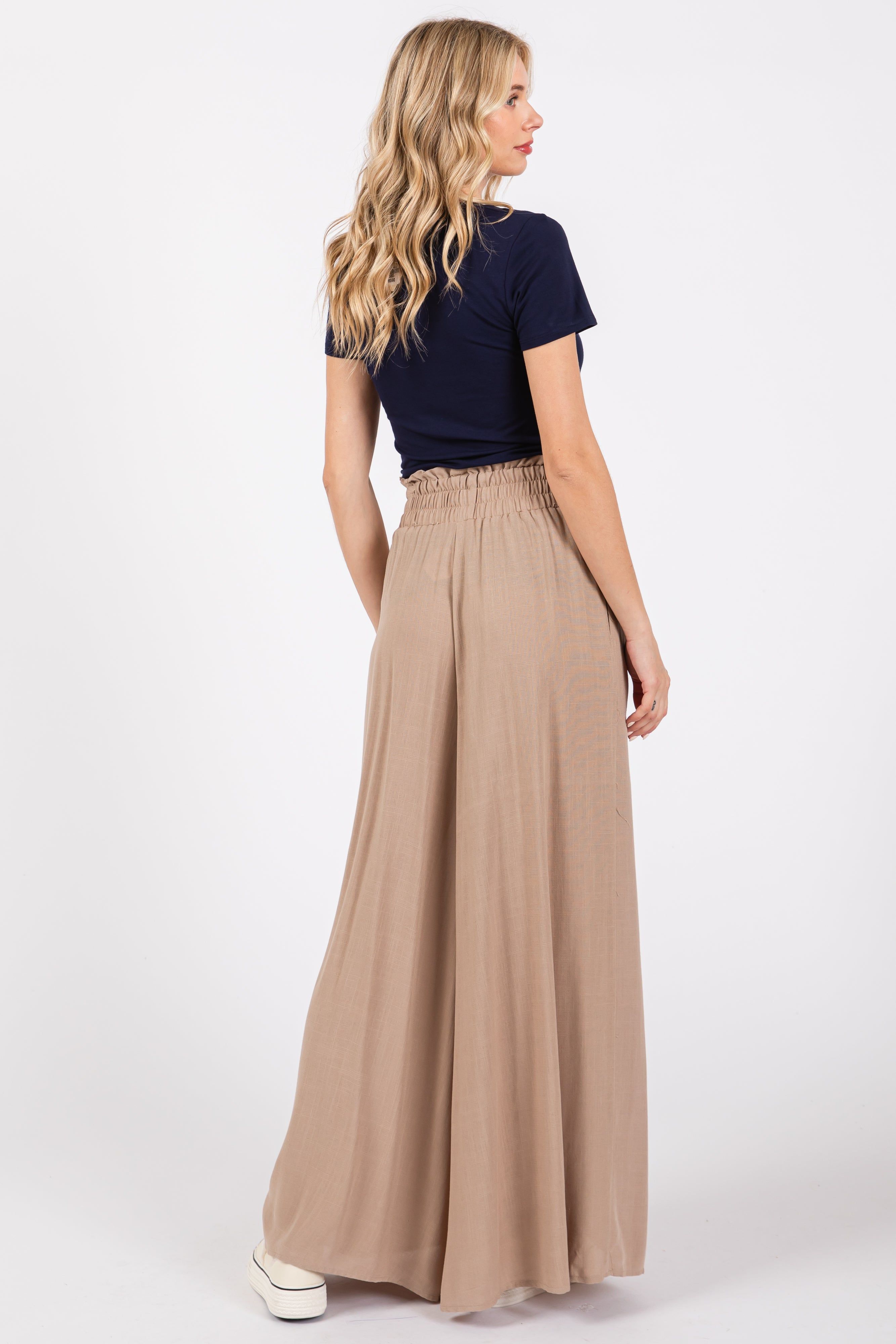 Taupe Wide Leg Smocked Lightweight Pants sold by Pinkblush product image thumbnail 4