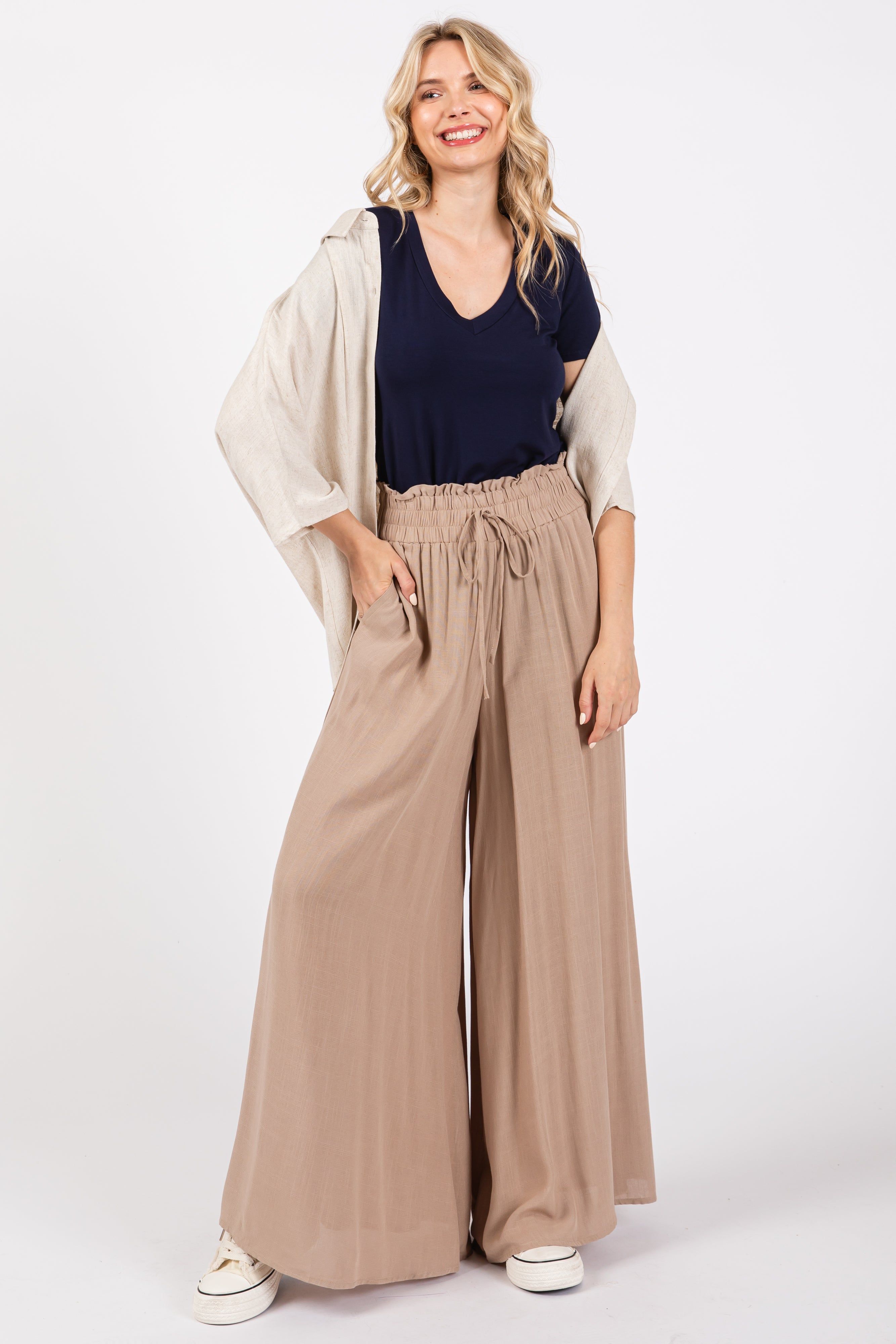 Taupe Wide Leg Smocked Lightweight Pants sold by Pinkblush