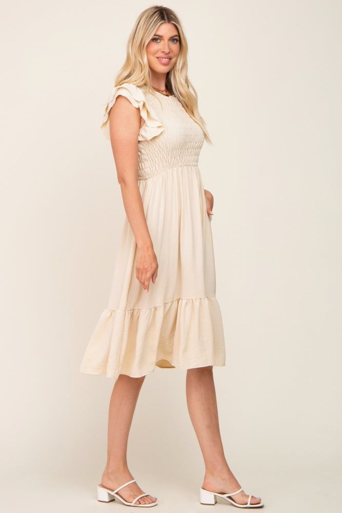 Beige Smocked Layered Ruffle Flutter Sleeve Midi Dress sold by Pinkblush product image thumbnail 2