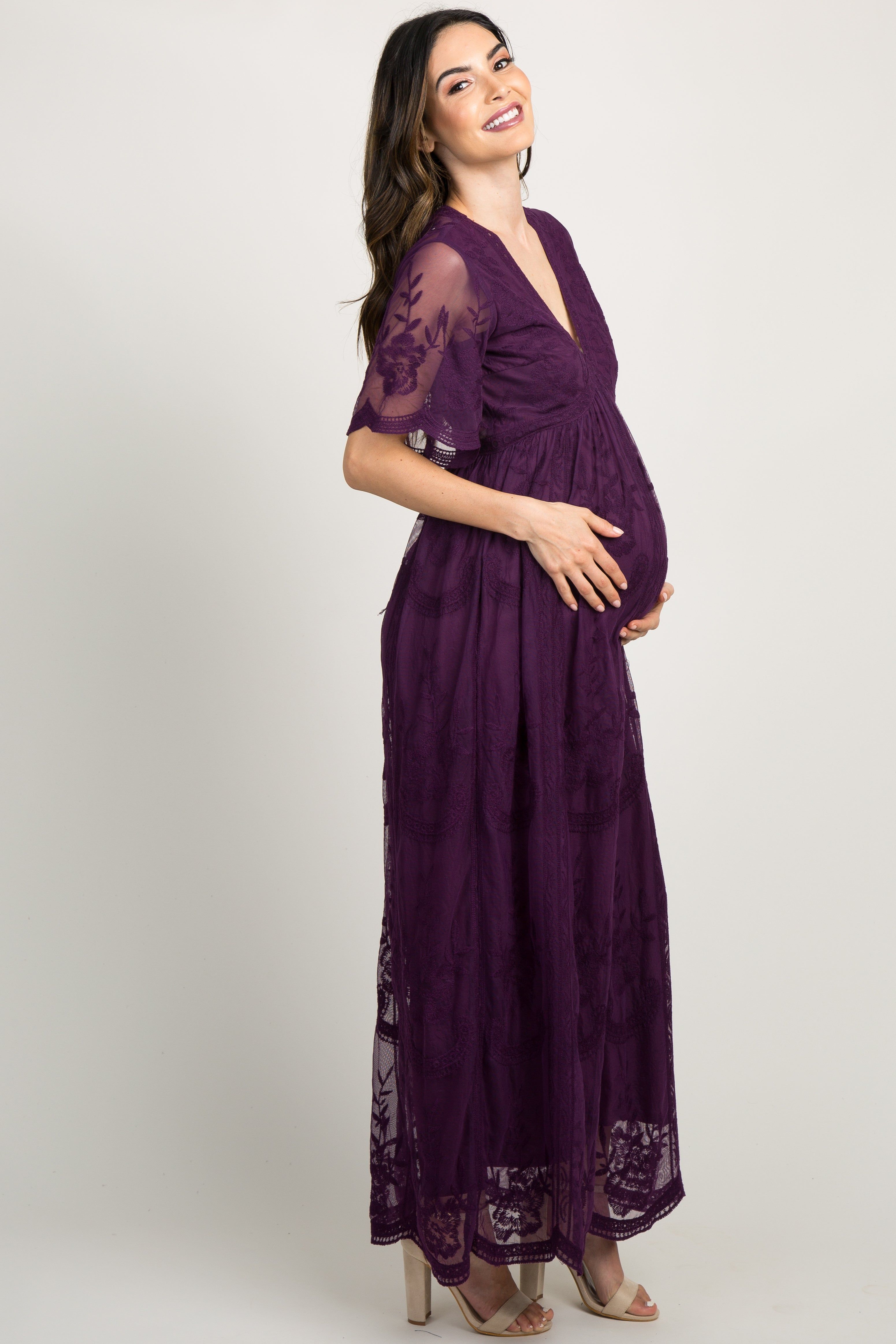 PinkBlush Plum Lace Mesh Overlay Maternity Maxi Dress sold by Pinkblush product image thumbnail 4