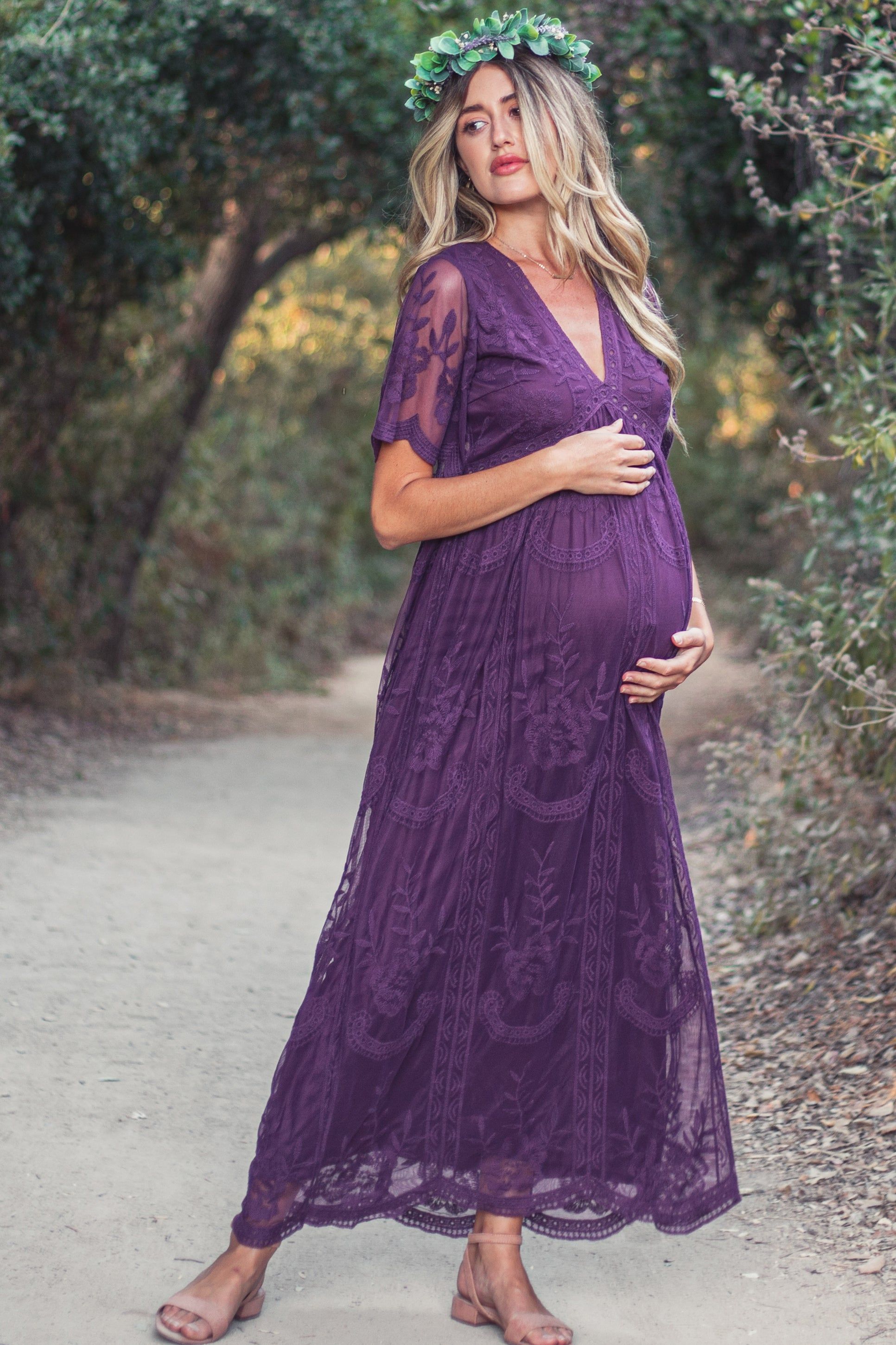 PinkBlush Plum Lace Mesh Overlay Maternity Maxi Dress sold by Pinkblush