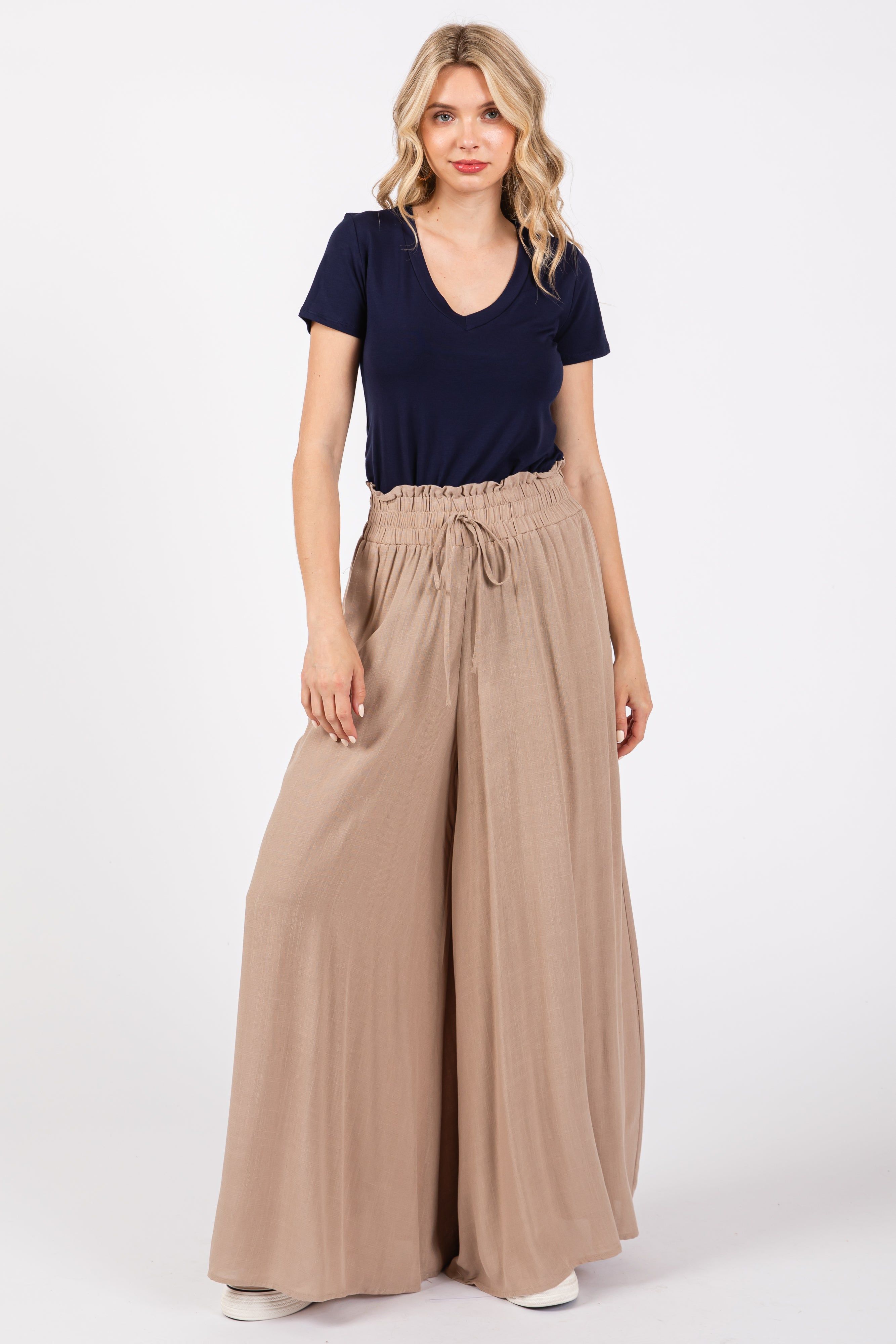 Taupe Wide Leg Smocked Lightweight Pants sold by Pinkblush product image thumbnail 2