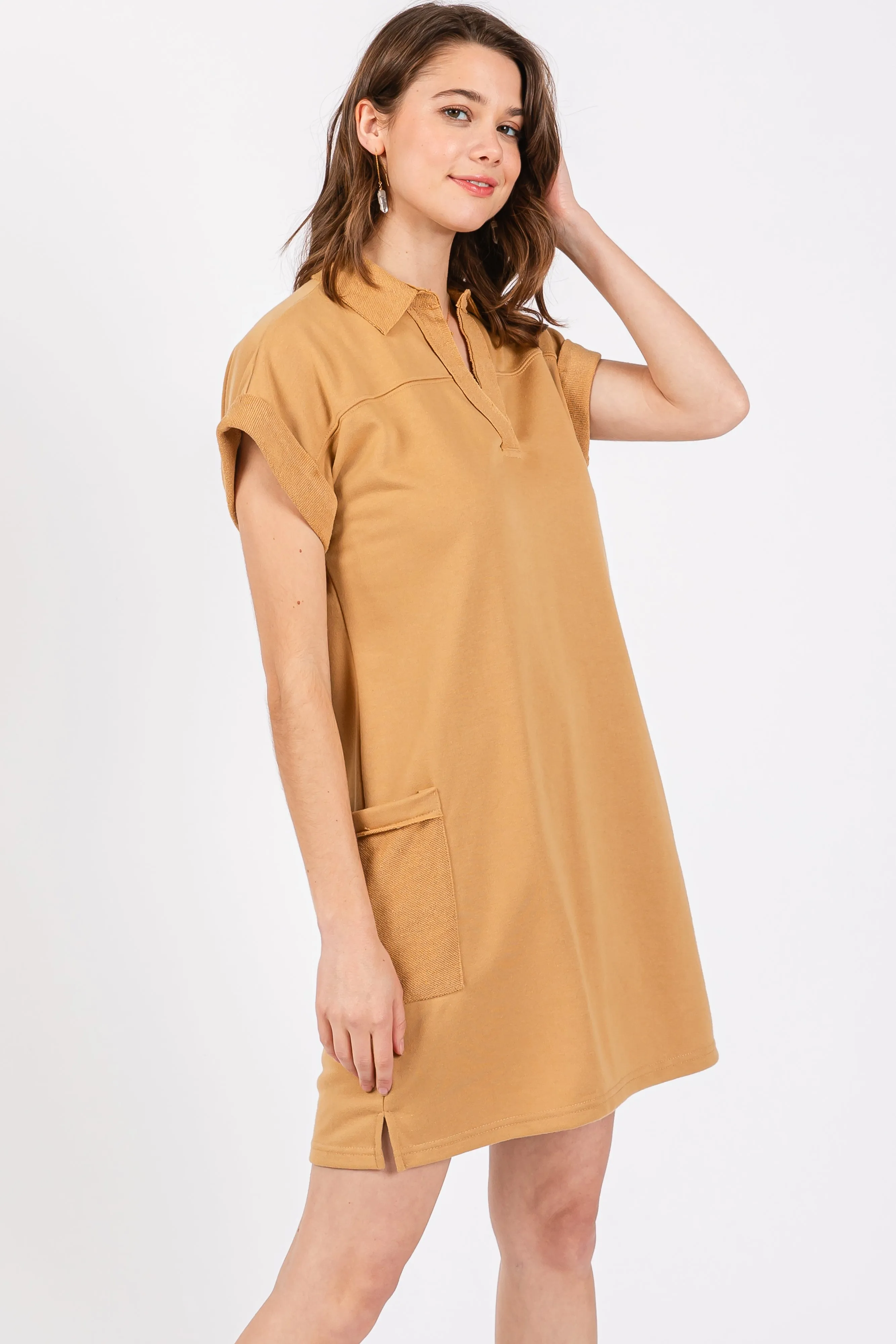 Mustard Terry Cuff Sleeve Pocketed Collared Dress sold by Pinkblush product image thumbnail 2