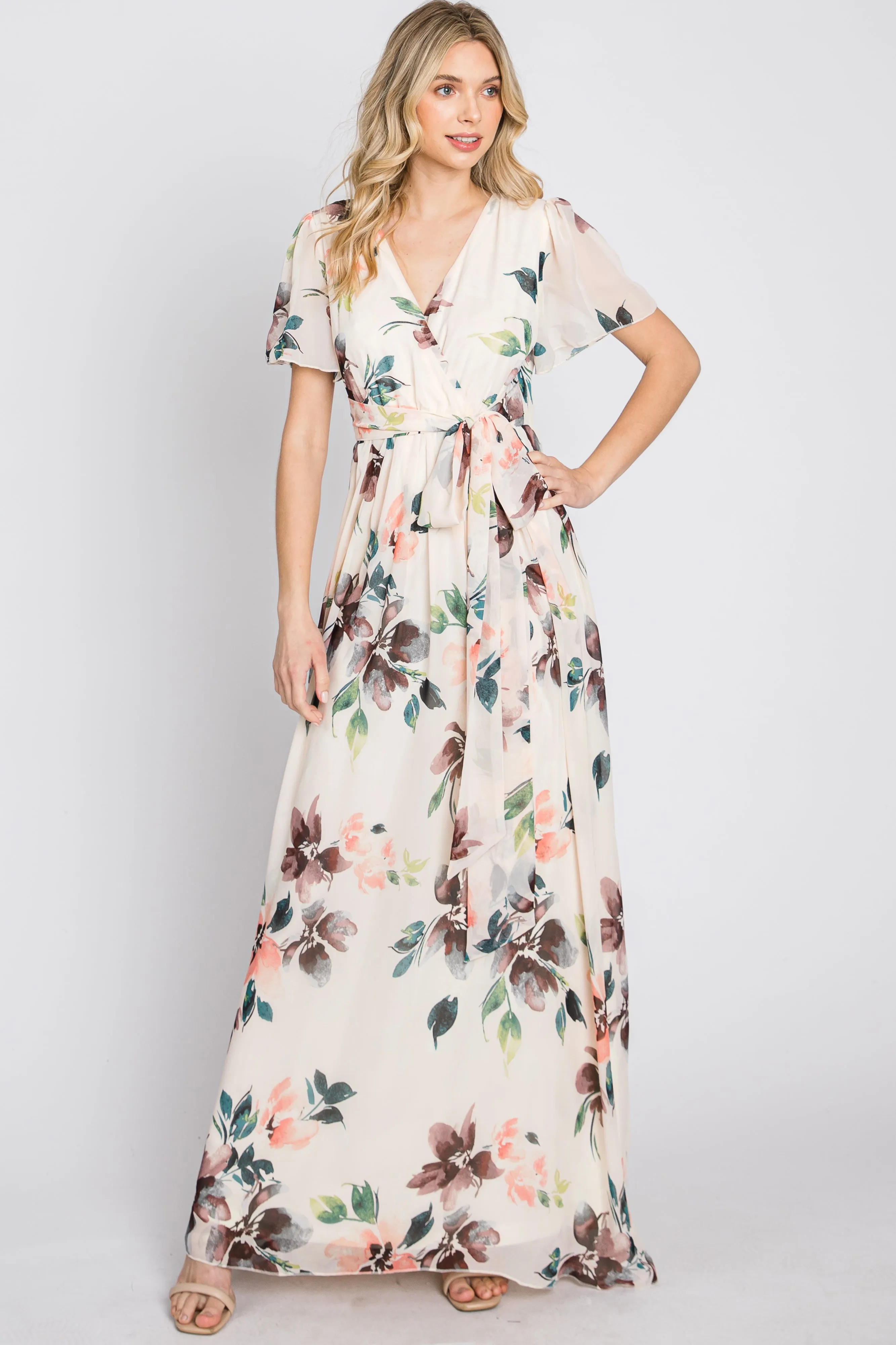Cream Floral Chiffon Wrap Front Short Sleeve Maxi Dress sold by Pinkblush product image thumbnail 4