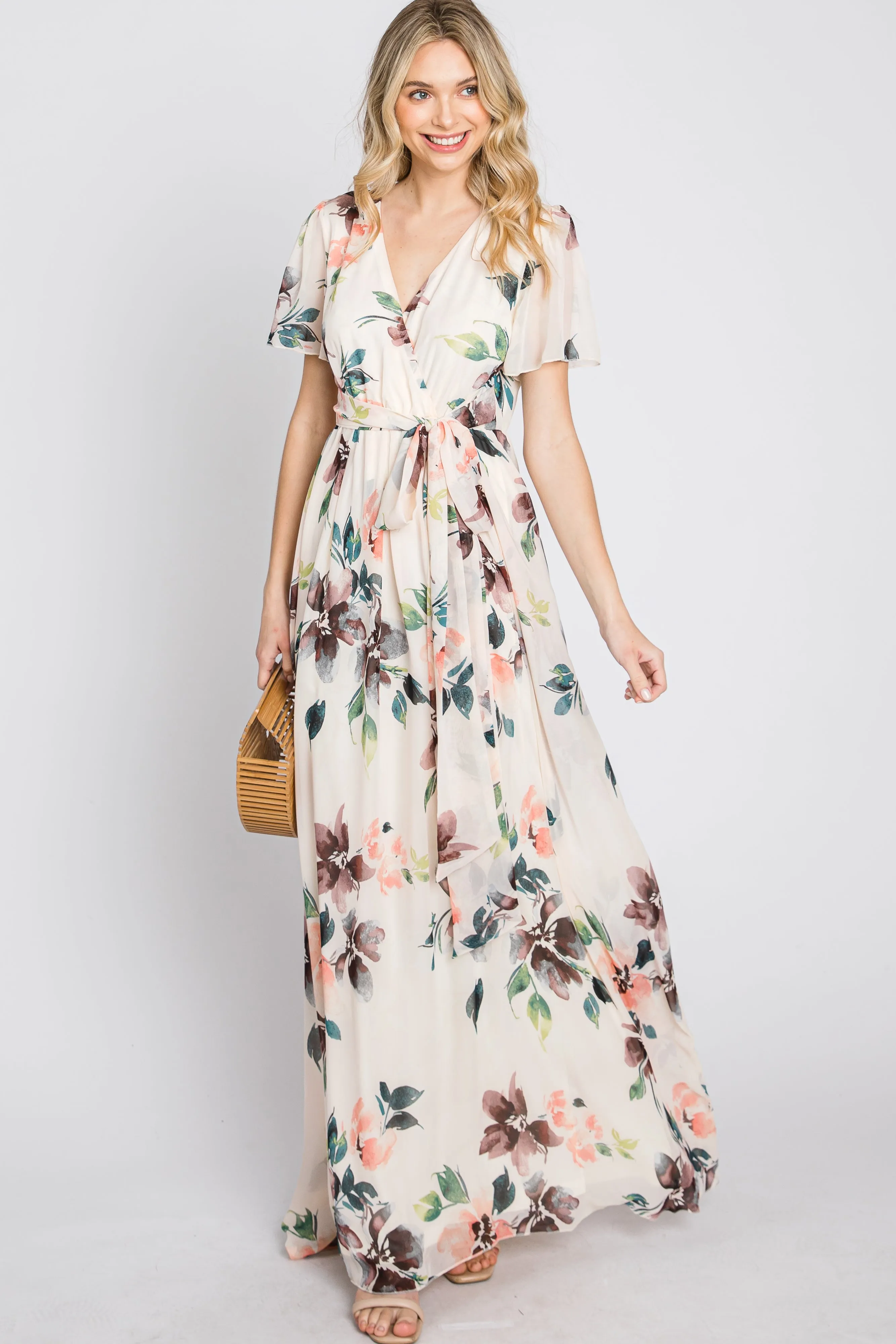 Cream Floral Chiffon Wrap Front Short Sleeve Maxi Dress sold by Pinkblush
