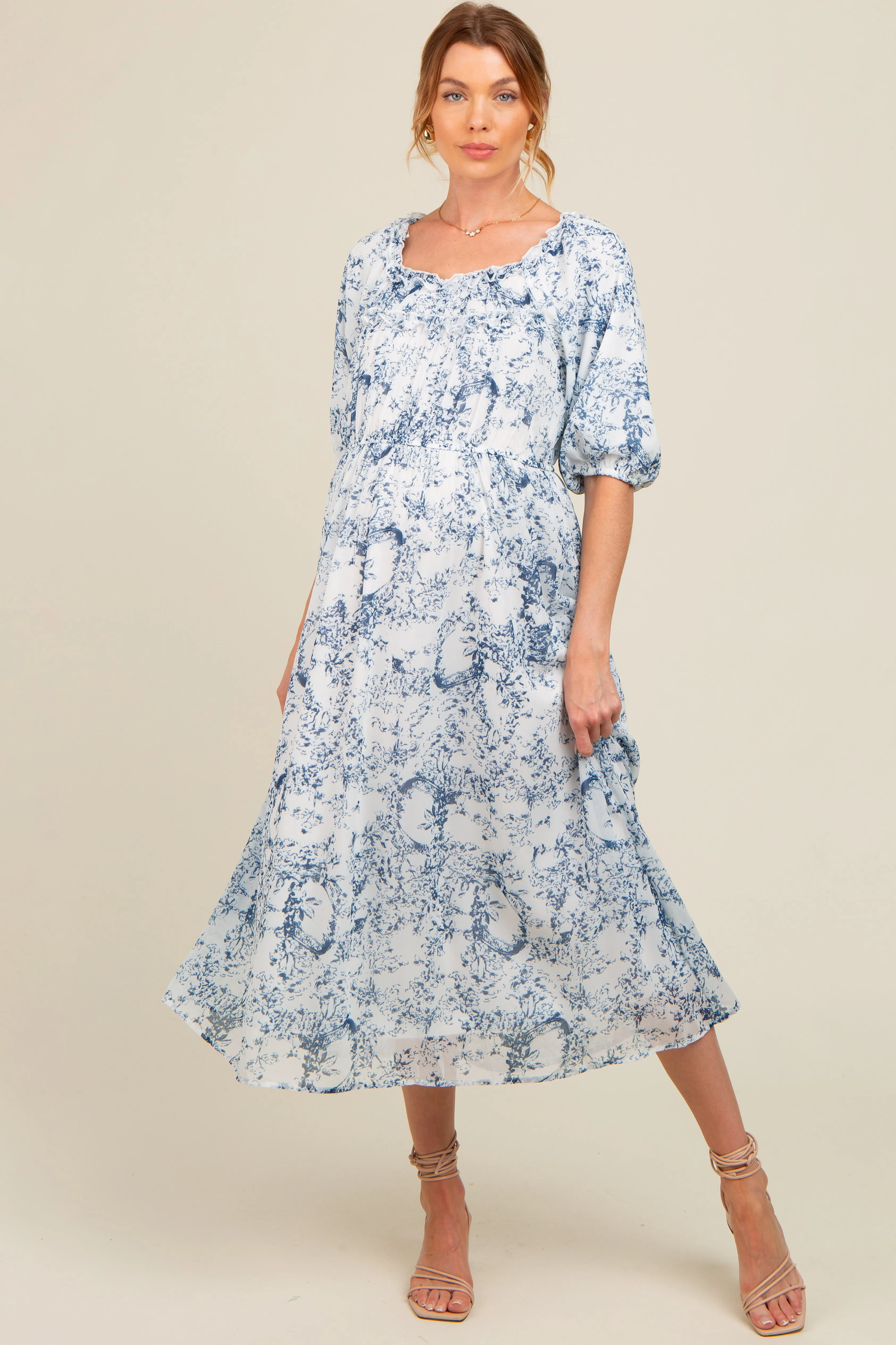 Blue Floral Square Neck Short Puff Sleeve Maternity Midi Dress sold by Pinkblush