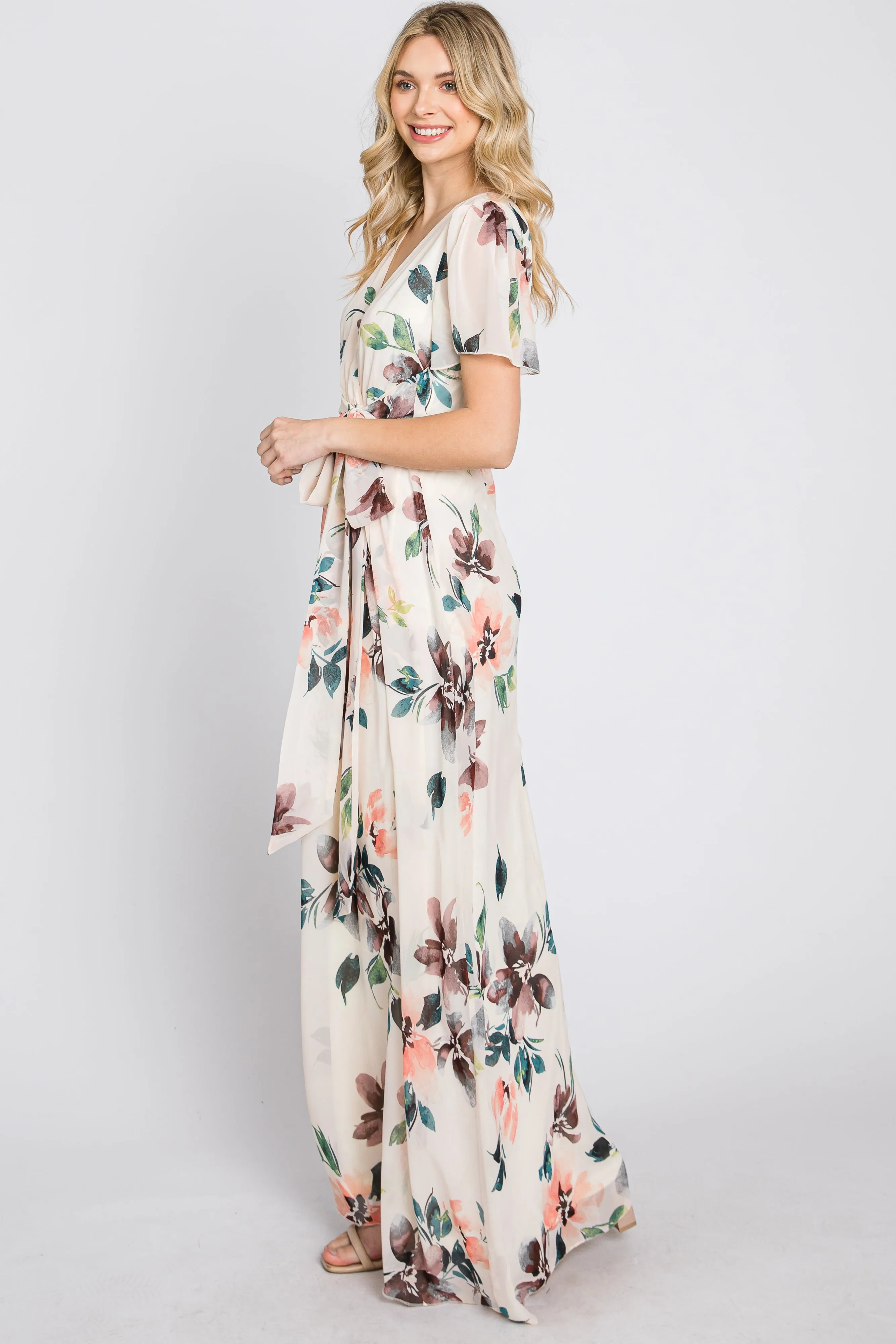 Cream Floral Chiffon Wrap Front Short Sleeve Maxi Dress sold by Pinkblush product image thumbnail 5