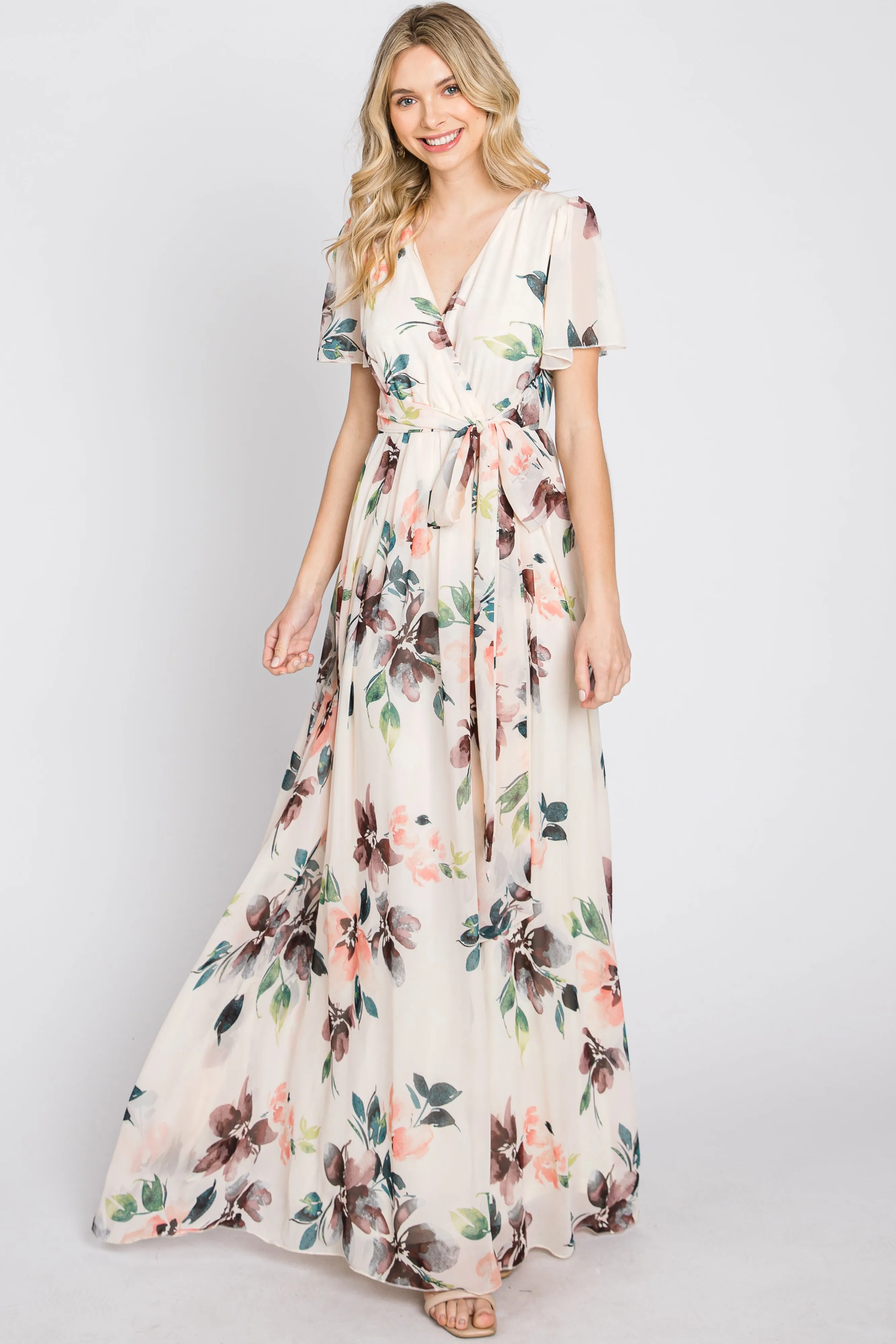 Cream Floral Chiffon Wrap Front Short Sleeve Maxi Dress sold by Pinkblush product image thumbnail 2