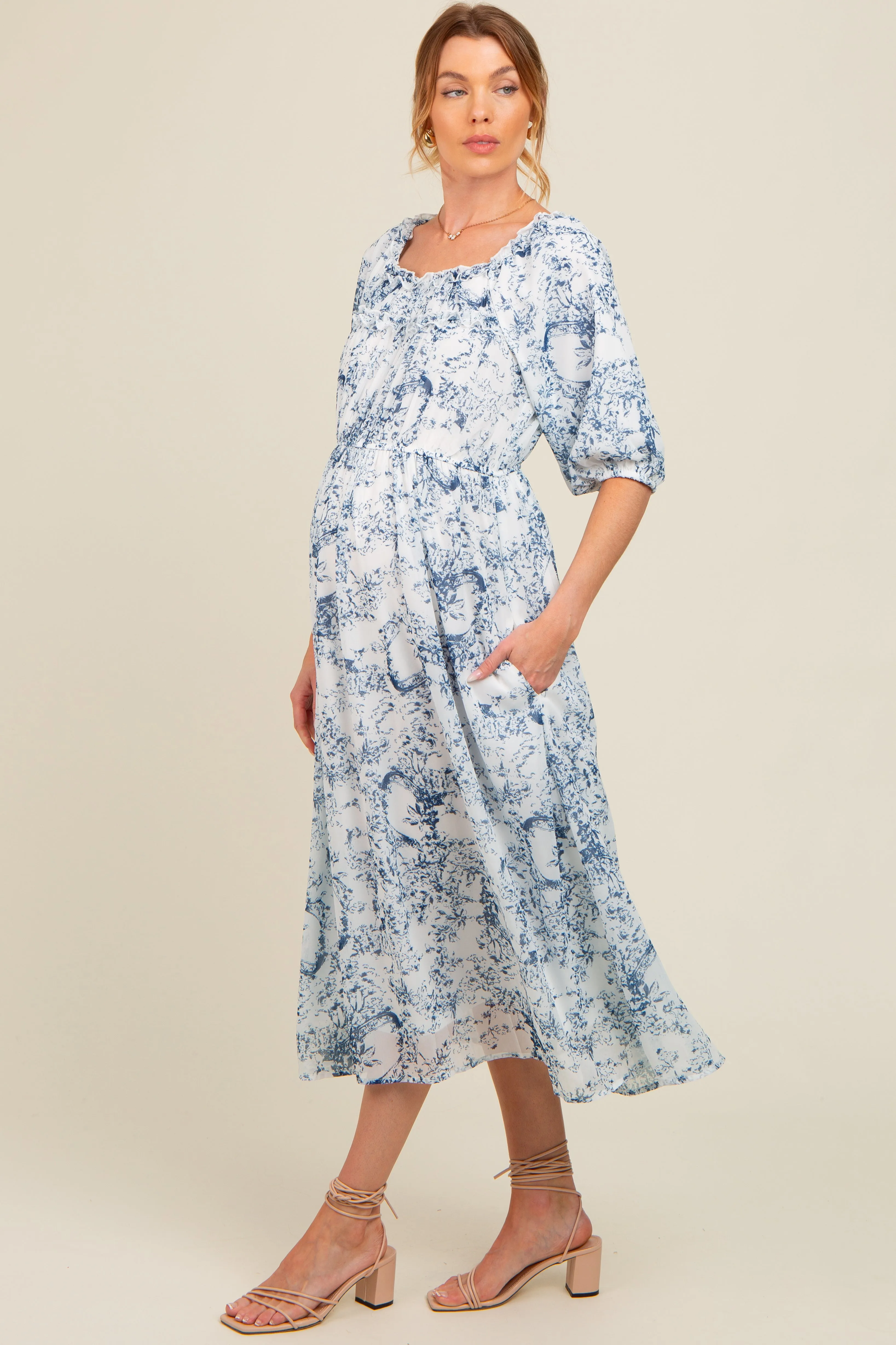 Blue Floral Square Neck Short Puff Sleeve Maternity Midi Dress sold by Pinkblush product image thumbnail 2