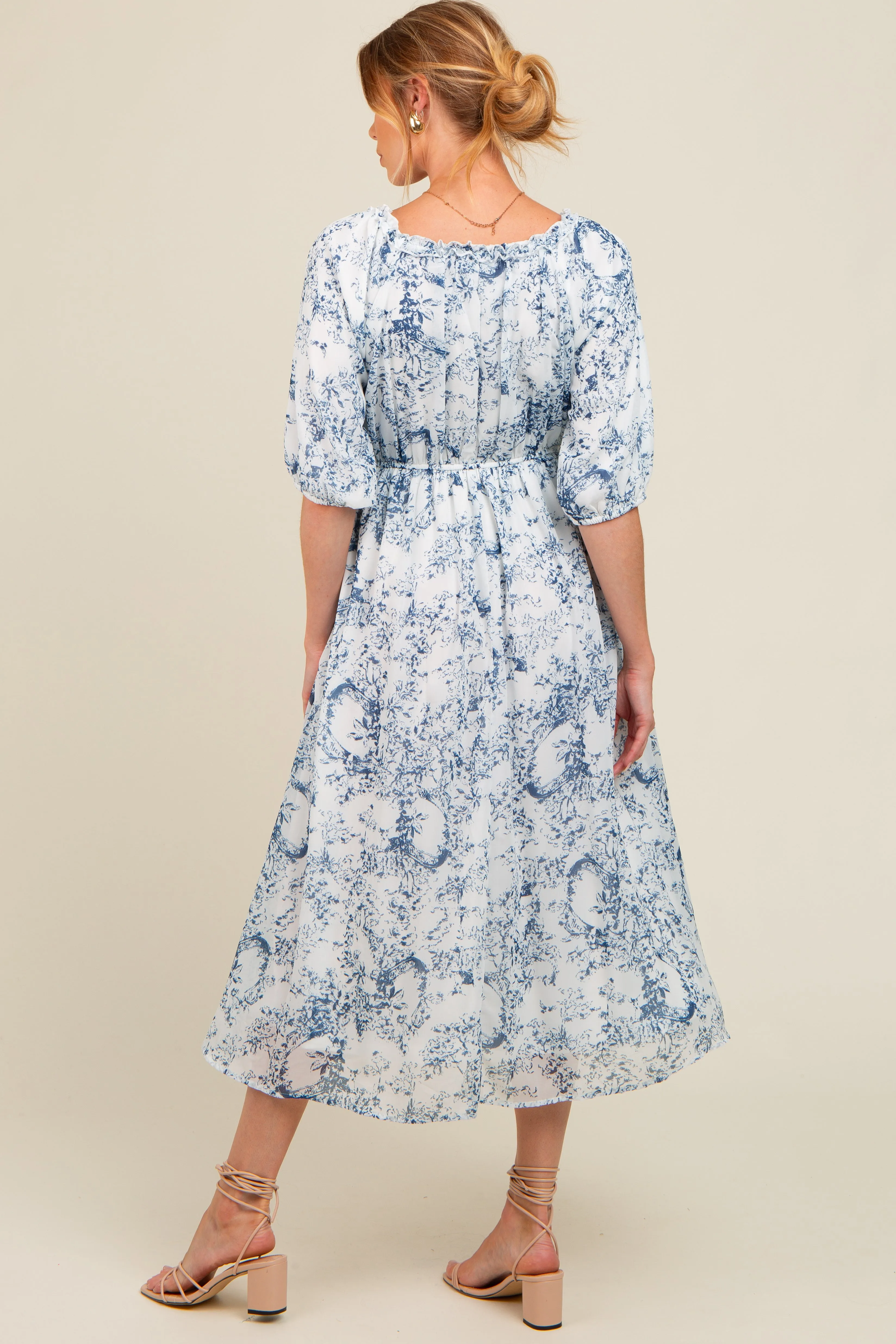 Blue Floral Square Neck Short Puff Sleeve Maternity Midi Dress sold by Pinkblush product image thumbnail 3