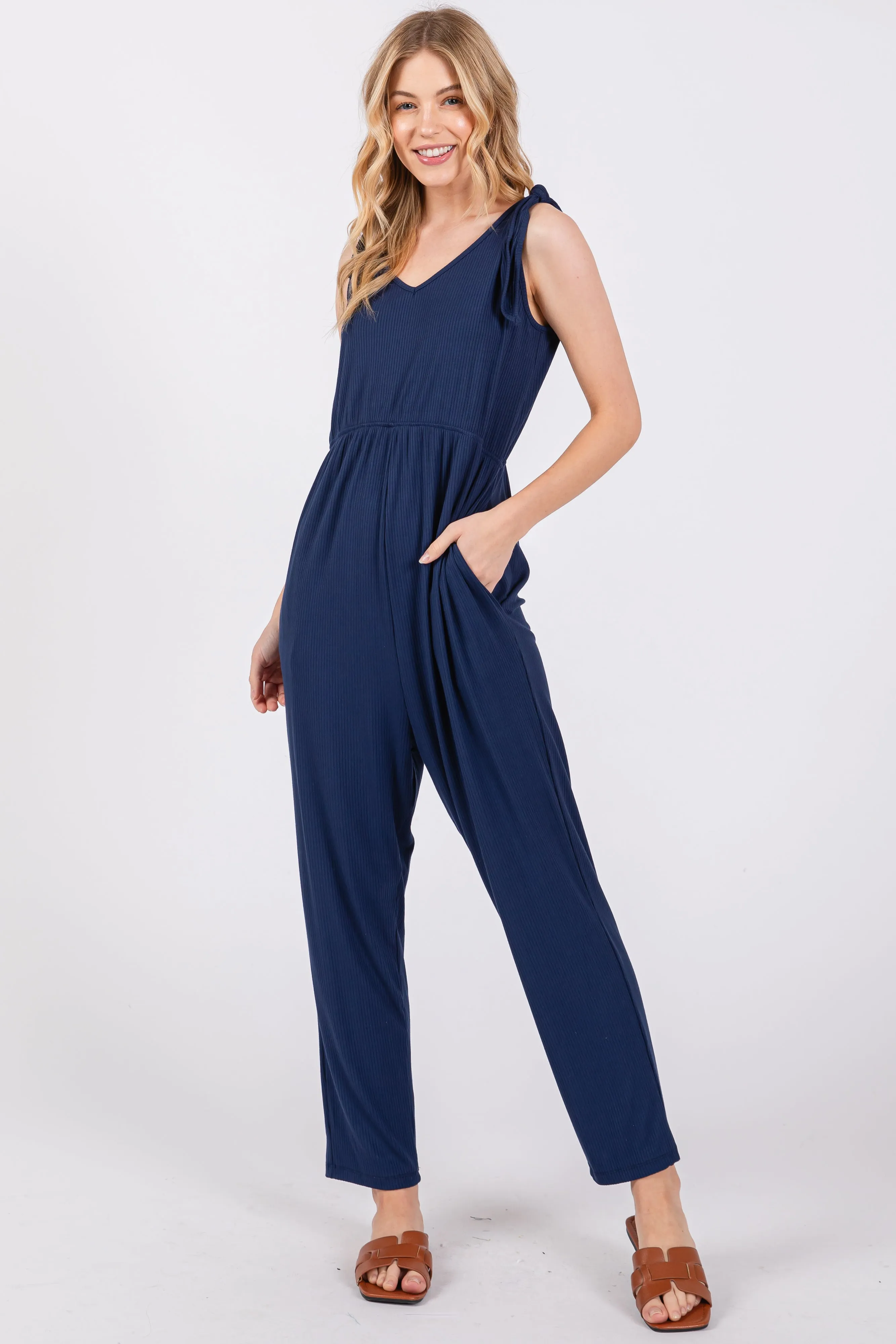 Navy Tie Strap Jumpsuit sold by Pinkblush