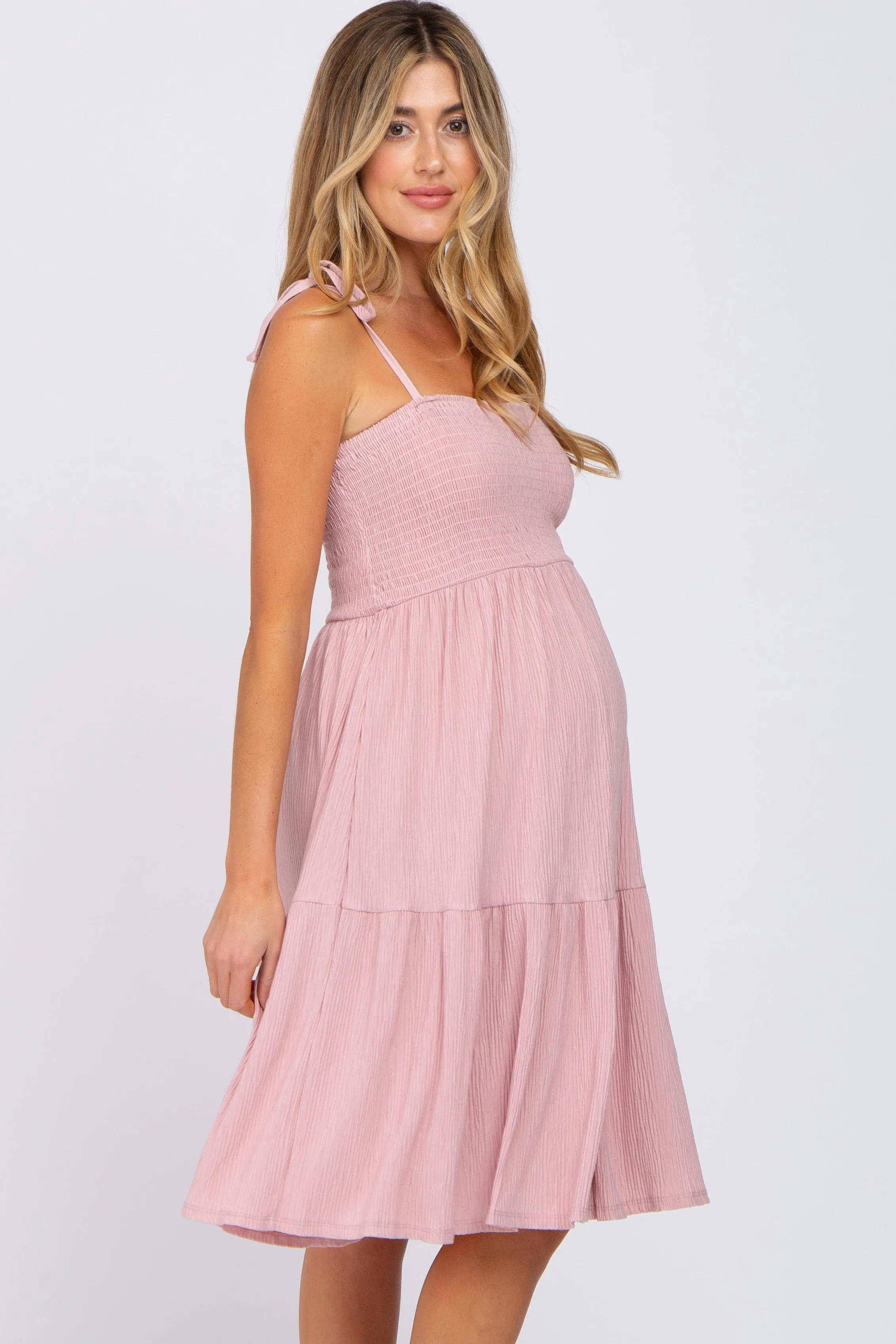 Pink Smocked Shoulder Tie Maternity Dress sold by Pinkblush product image thumbnail 3