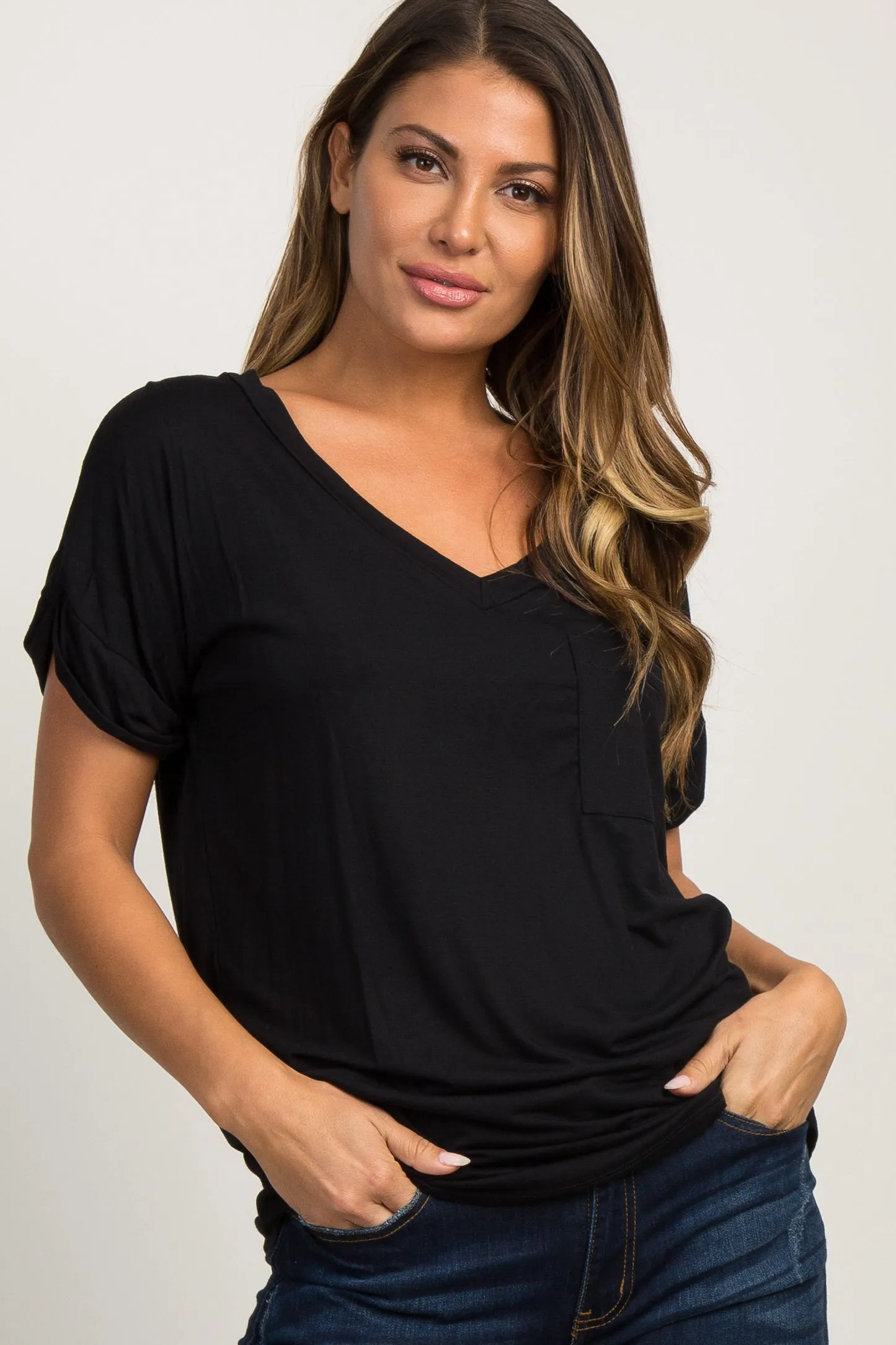Black Basic V-Neck Pocket Maternity Top sold by Pinkblush product image thumbnail 5