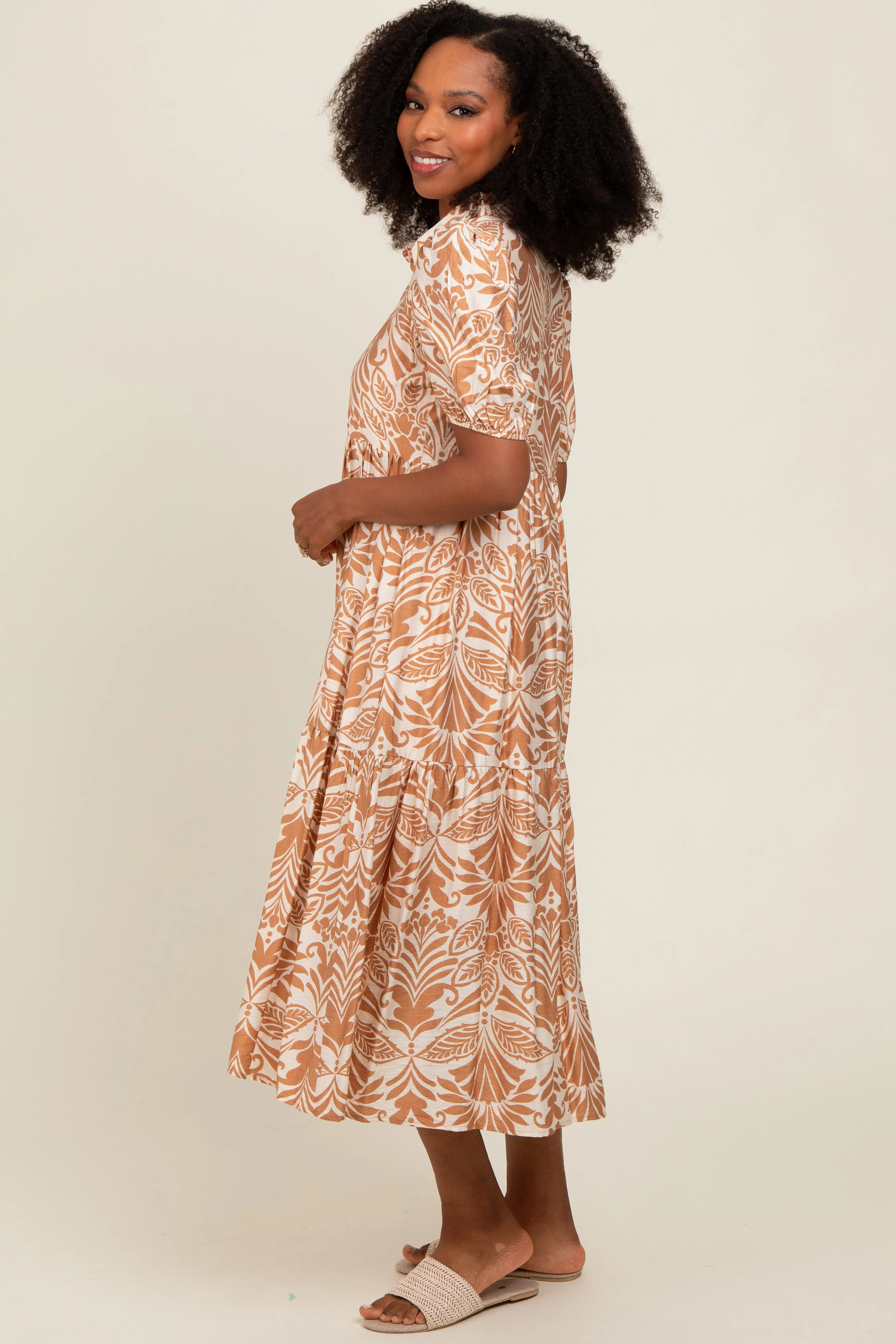 Camel Damask Print Button Down Midi Dress sold by Pinkblush product image thumbnail 2