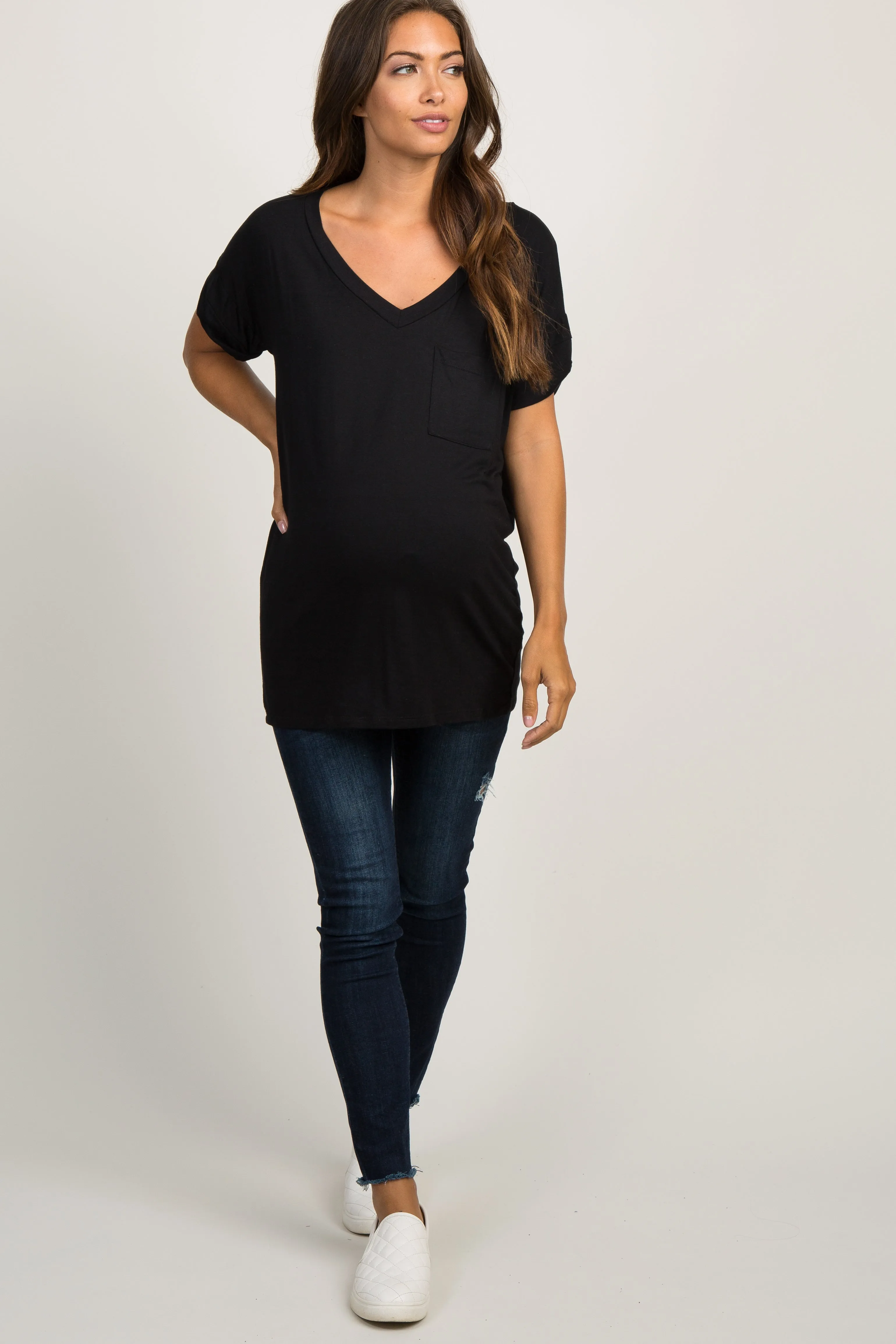Black Basic V-Neck Pocket Maternity Top sold by Pinkblush product image thumbnail 2