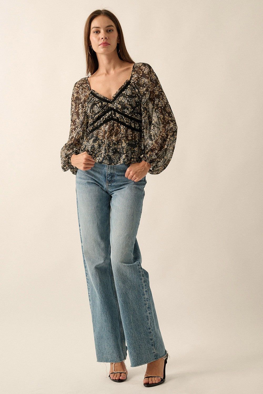 Black Floral Sweetheart Neck Semi Sheer Low Back Blouse sold by Pinkblush product image thumbnail 4