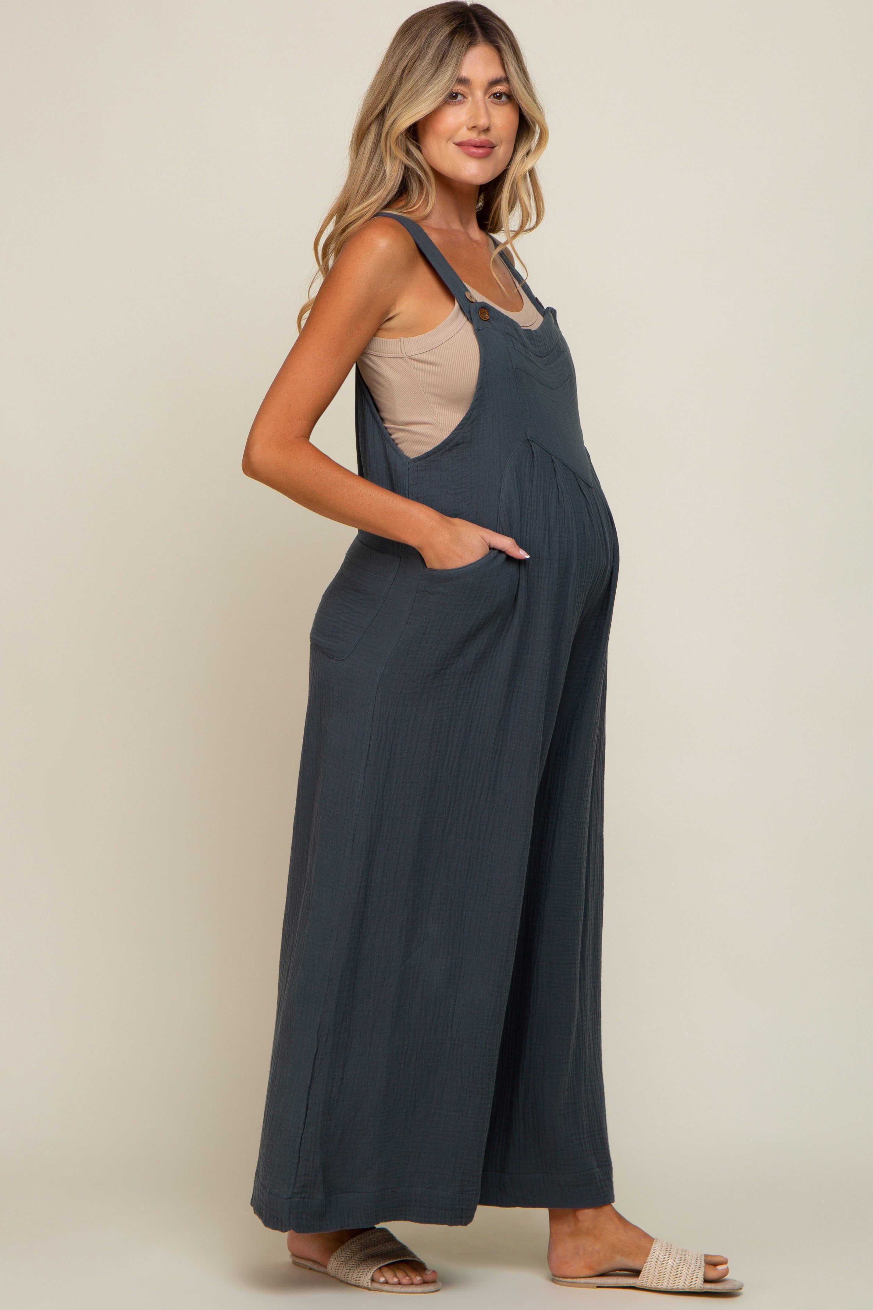 Dark Teal Pocket Front Maternity Wide Leg Jumpsuit sold by Pinkblush product image thumbnail 3