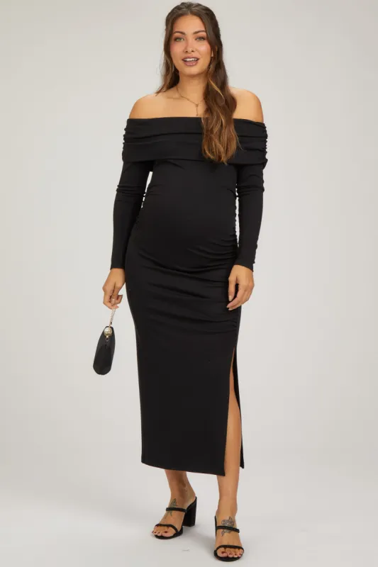 Black Foldover Off Shoulder Front Slit Maternity Midi Dress sold by Pinkblush