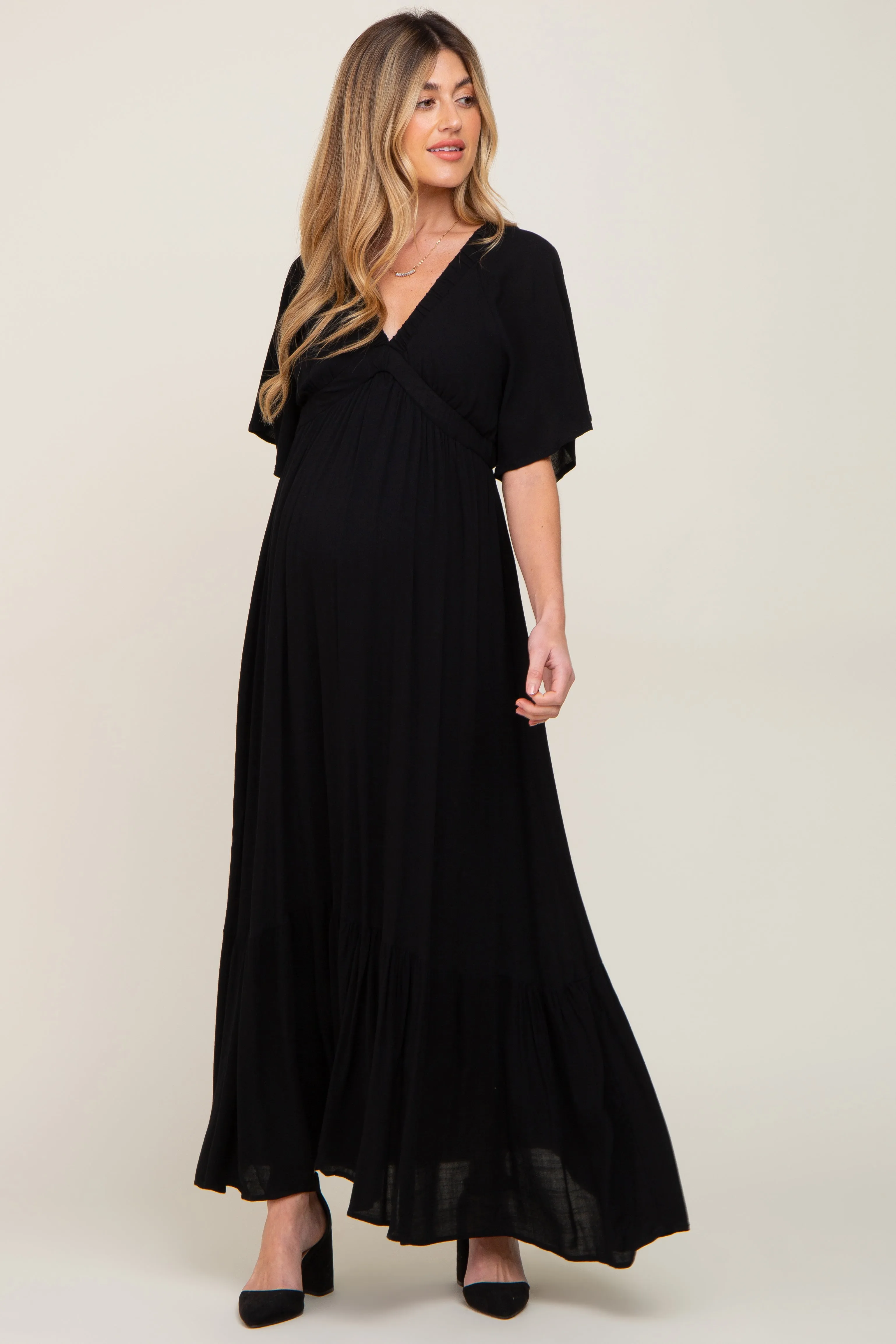 Black V-Neck Flounce Sleeve Maternity Maxi Dress sold by Pinkblush product image thumbnail 4