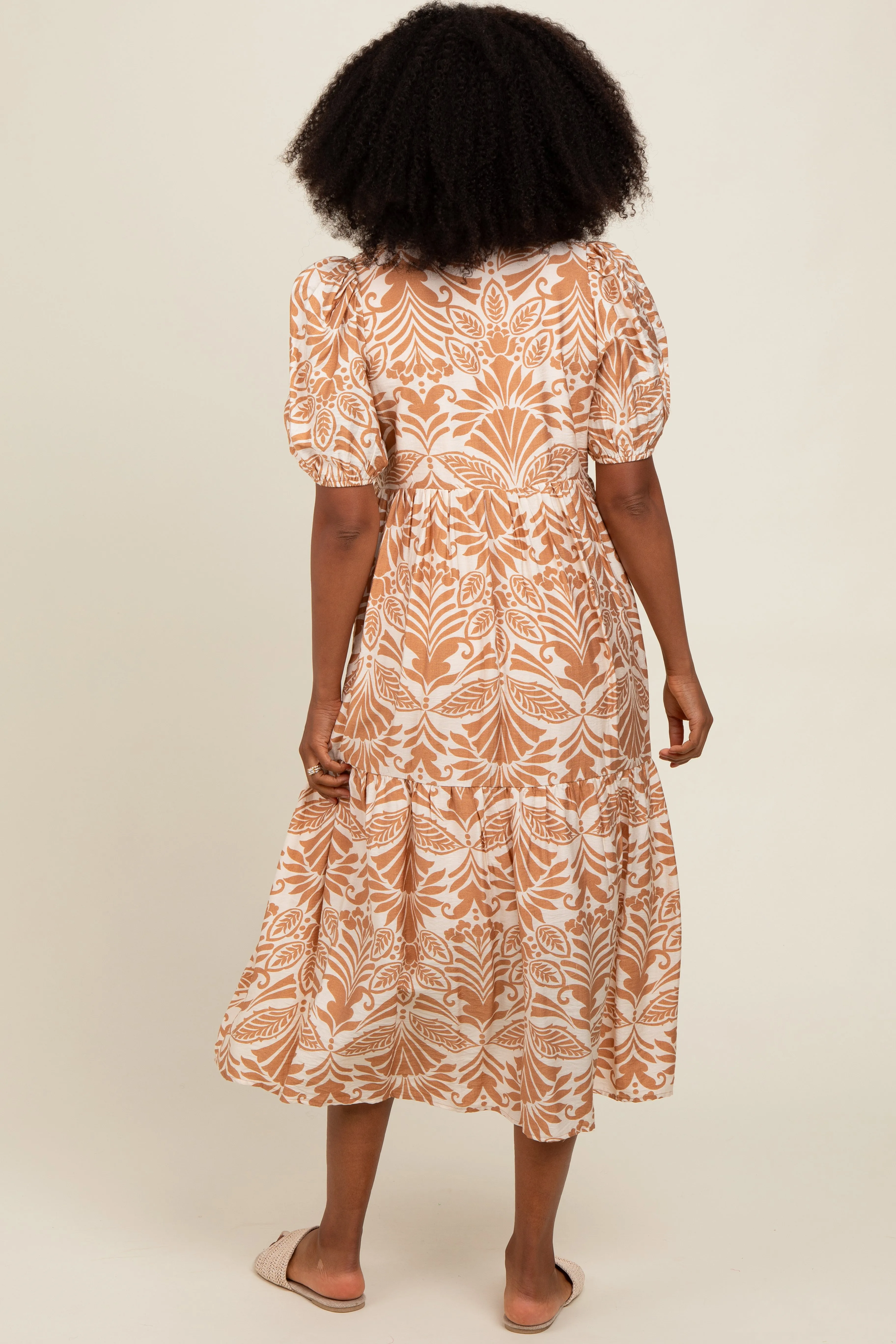 Camel Damask Print Button Down Midi Dress sold by Pinkblush product image thumbnail 3