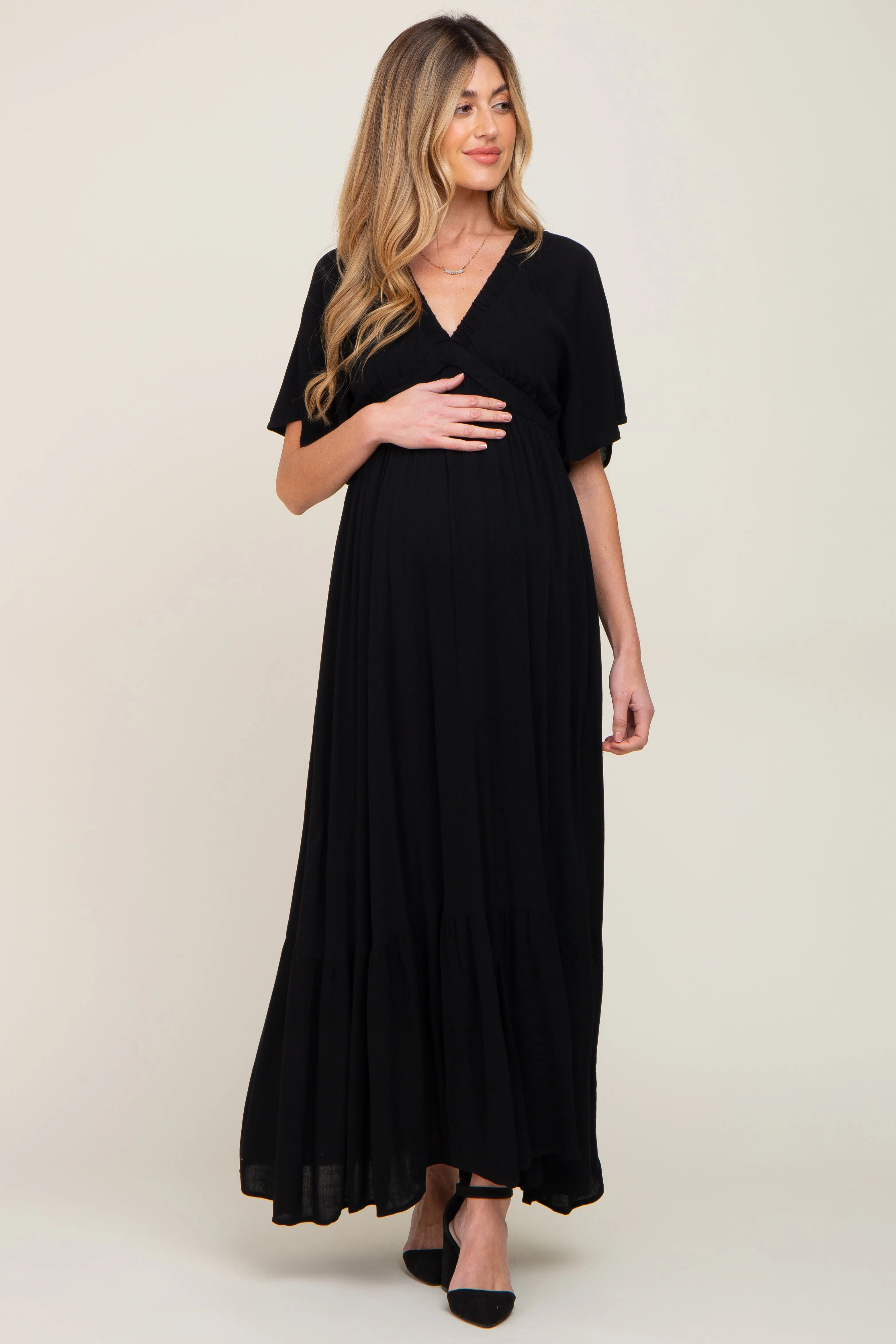 Black V-Neck Flounce Sleeve Maternity Maxi Dress sold by Pinkblush