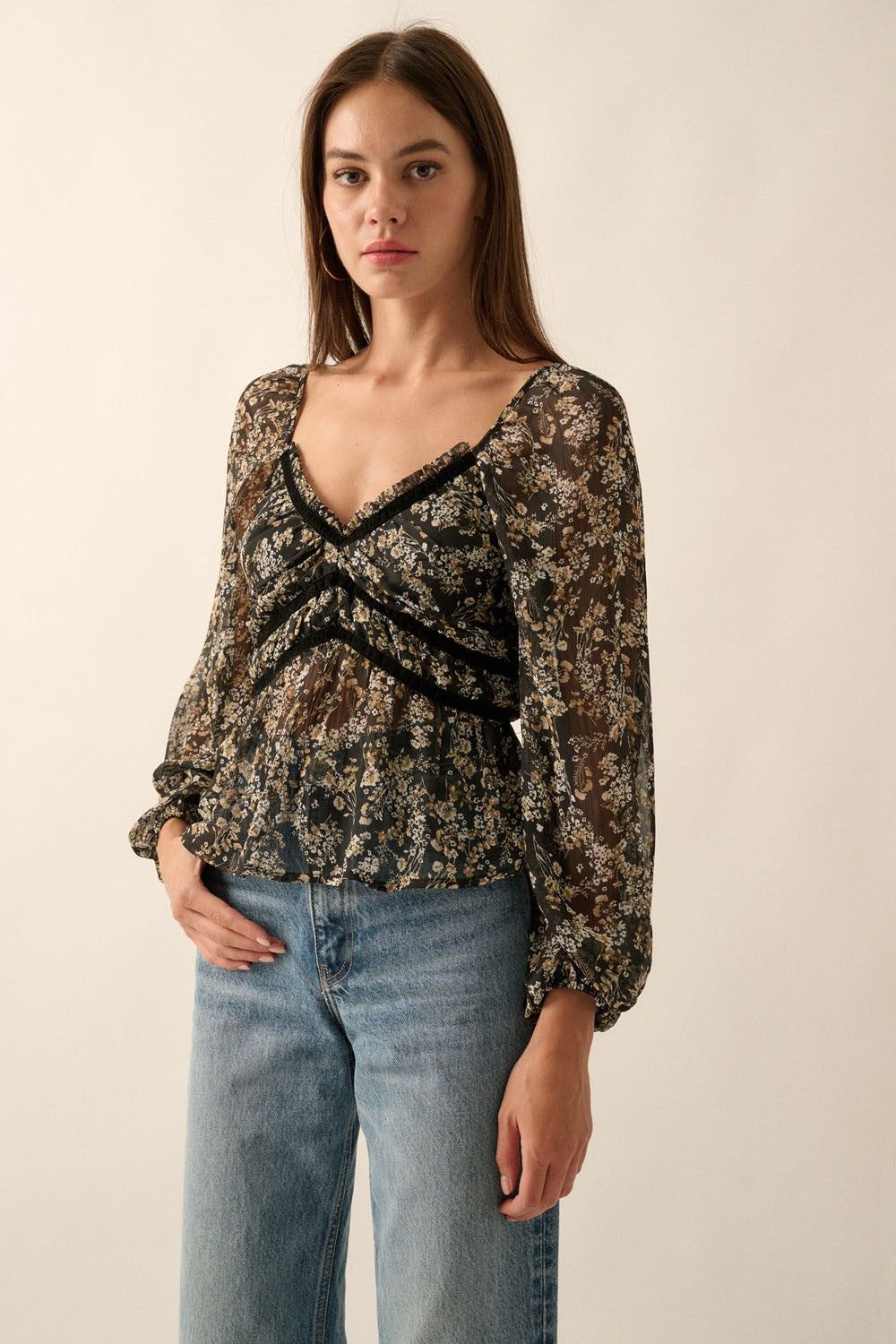 Black Floral Sweetheart Neck Semi Sheer Low Back Blouse sold by Pinkblush product image thumbnail 2