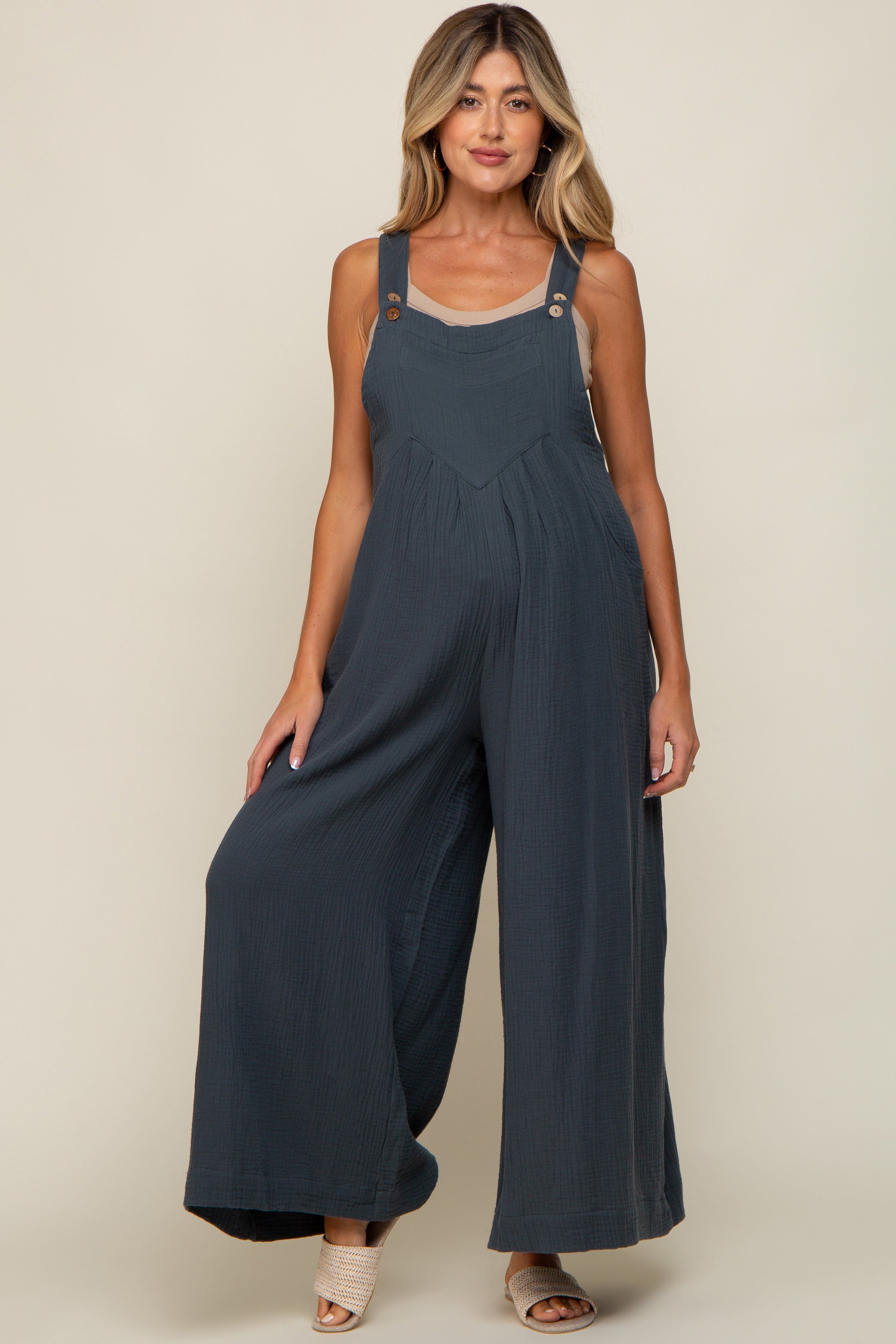 Dark Teal Pocket Front Maternity Wide Leg Jumpsuit sold by Pinkblush