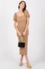 Taupe Textured Square Neck Puff Sleeve Midi Dress sold by Pinkblush