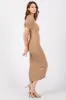 Taupe Textured Square Neck Puff Sleeve Midi Dress sold by Pinkblush