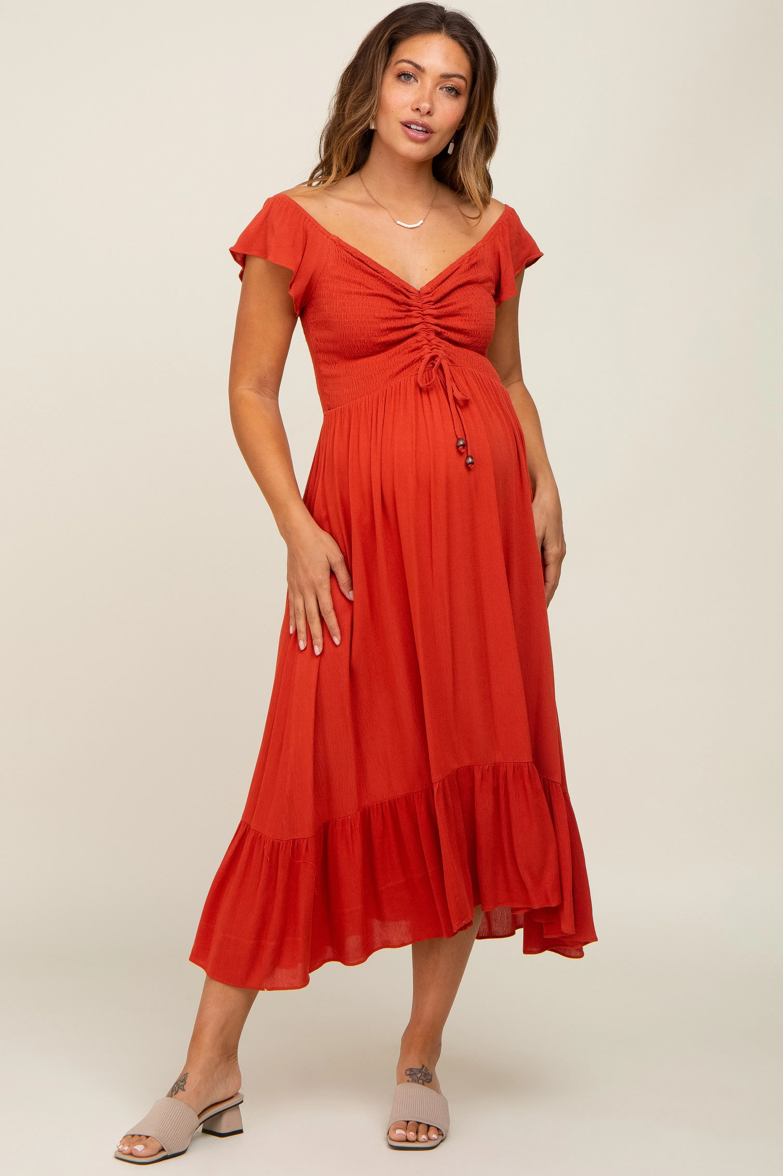 Rust Smocked Ruched Ruffle Hem Maternity Maxi Dress sold by Pinkblush
