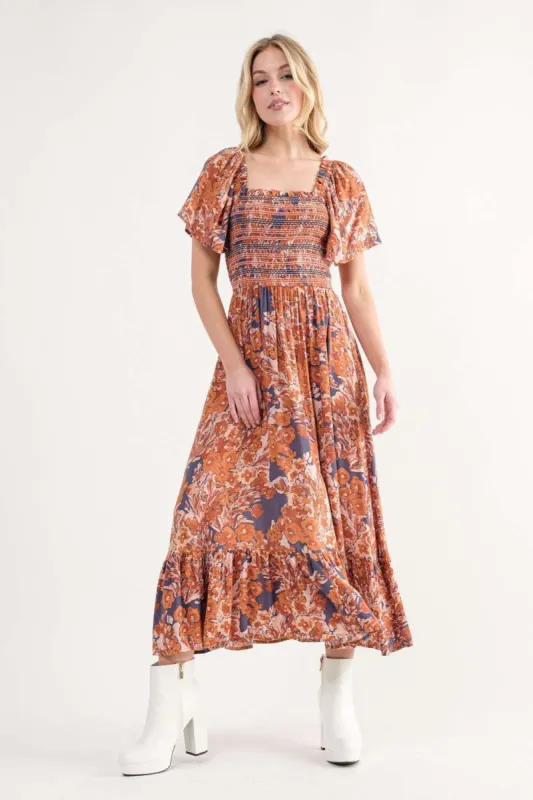 Navy Floral Maxi Dress With Square Neck sold by Pinkblush