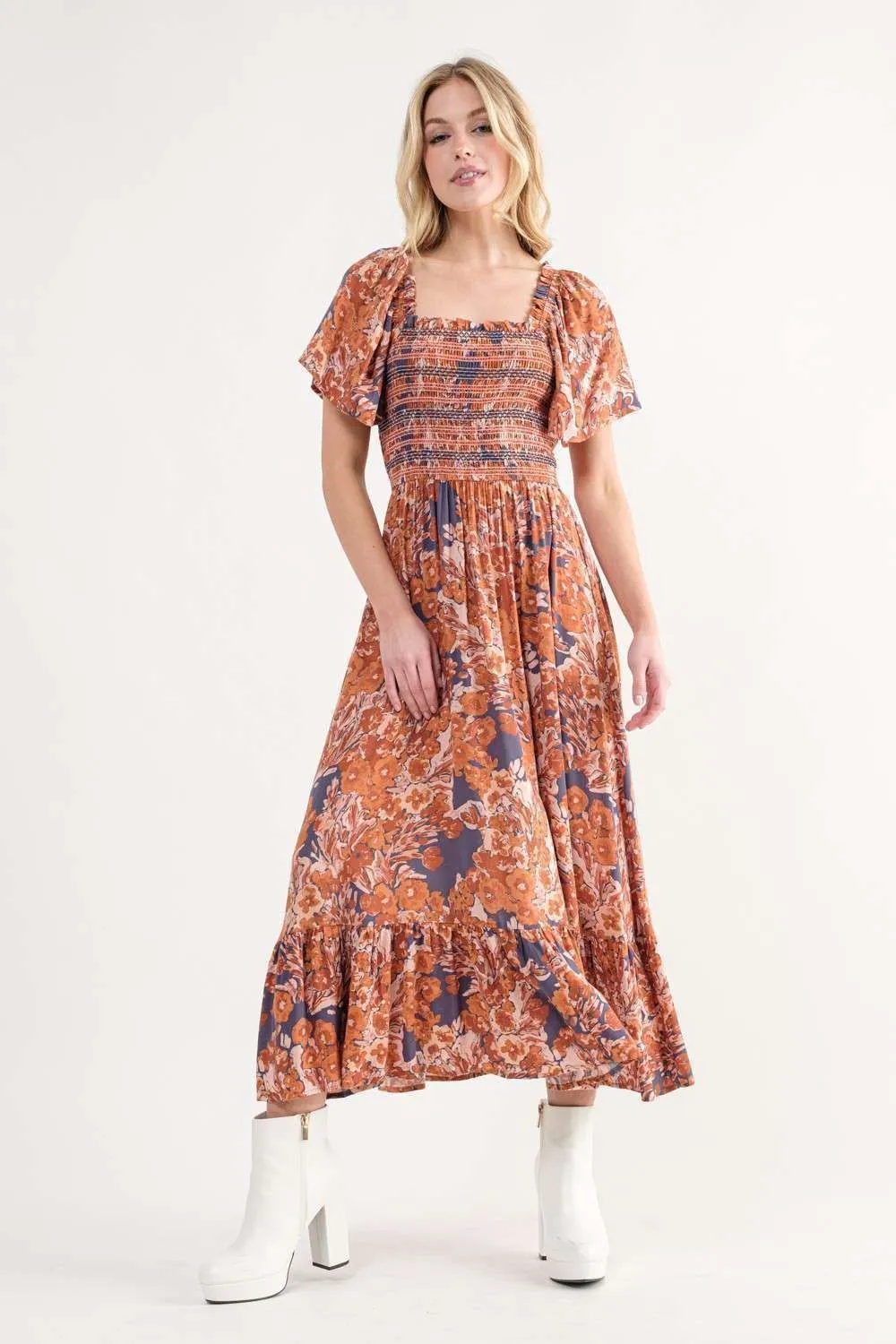 Navy Floral Maxi Dress With Square Neck sold by Pinkblush