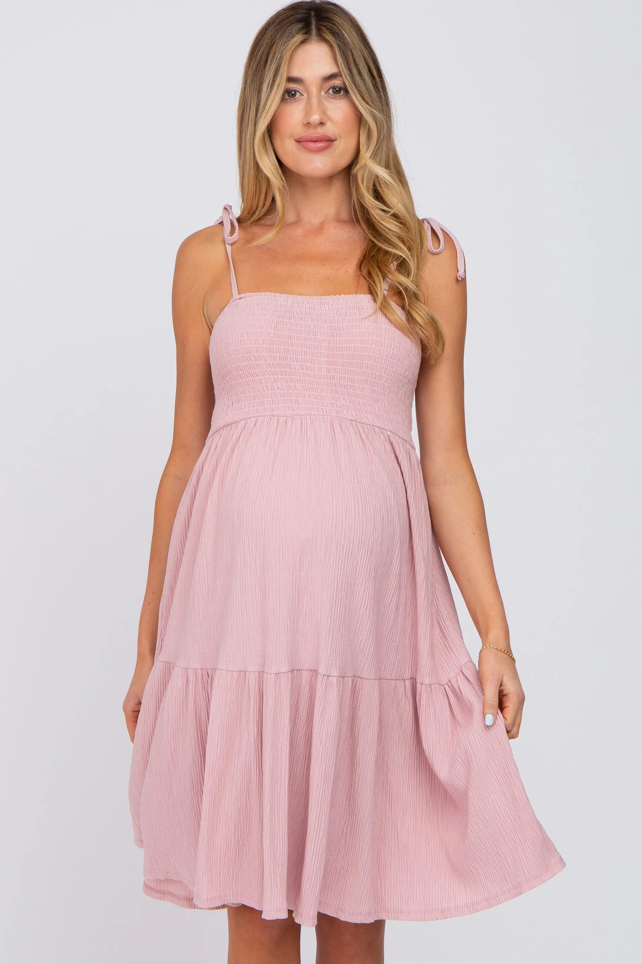 Pink Smocked Shoulder Tie Maternity Dress sold by Pinkblush product image thumbnail 2