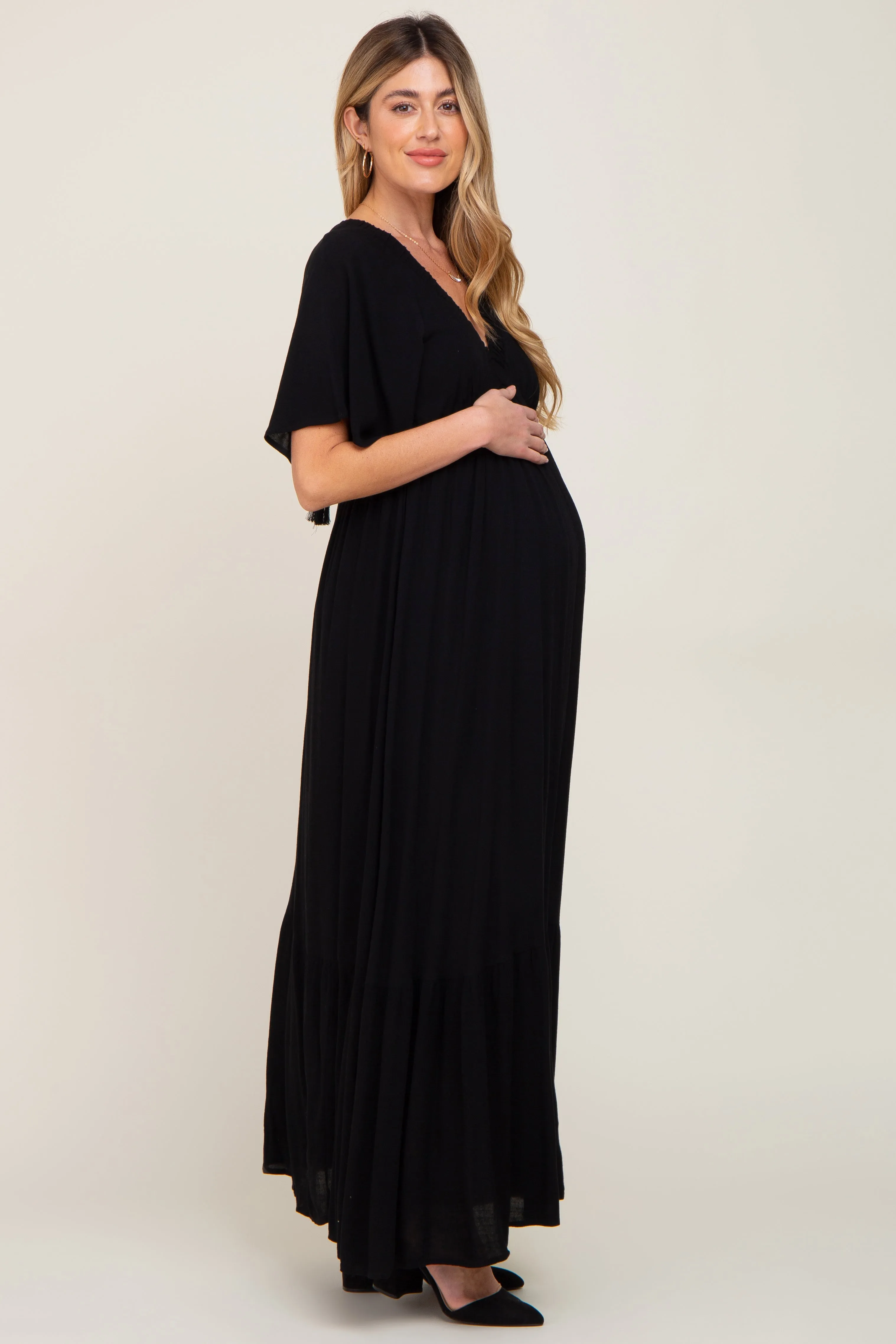 Black V-Neck Flounce Sleeve Maternity Maxi Dress sold by Pinkblush product image thumbnail 2