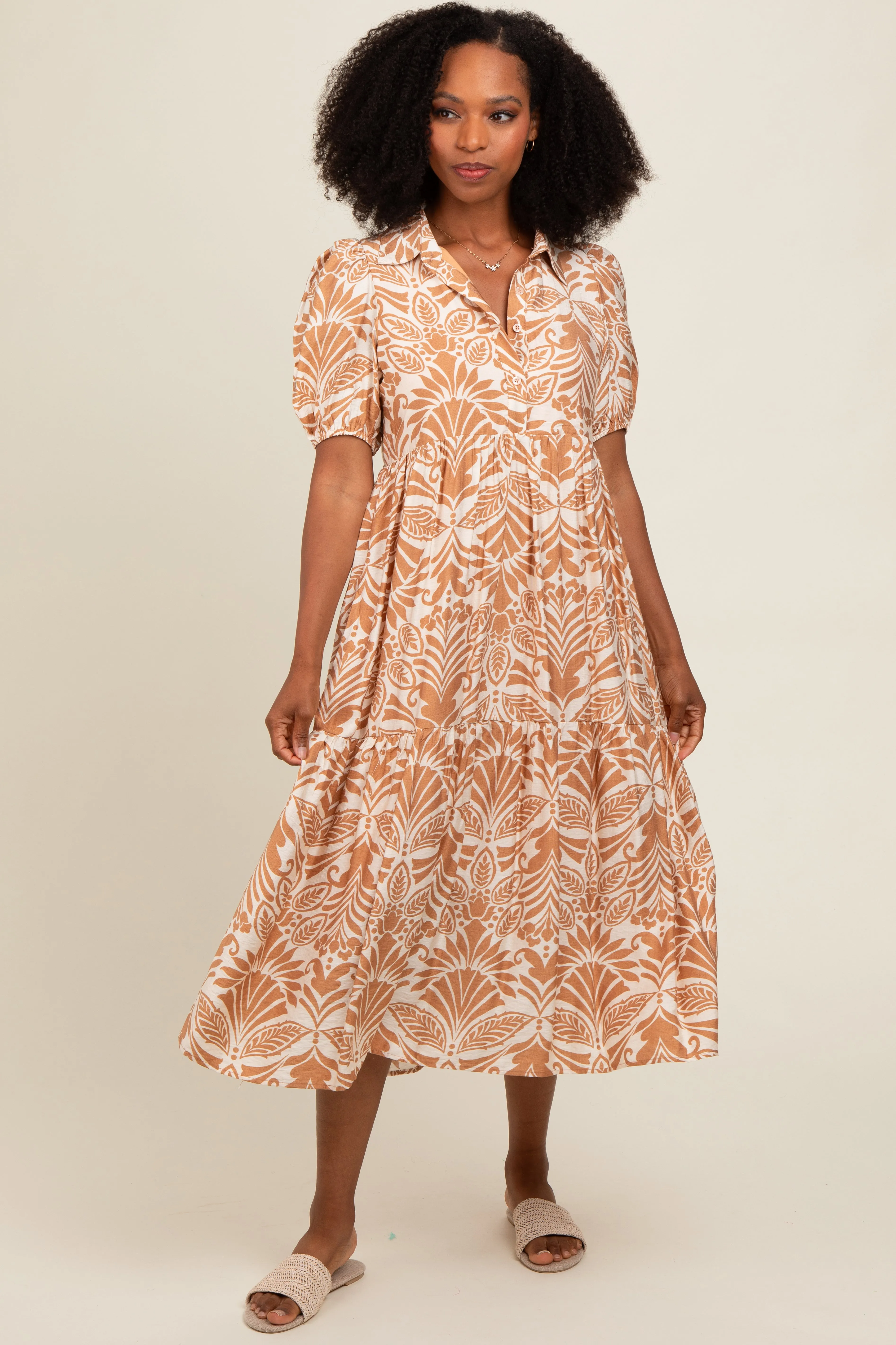 Camel Damask Print Button Down Midi Dress sold by Pinkblush