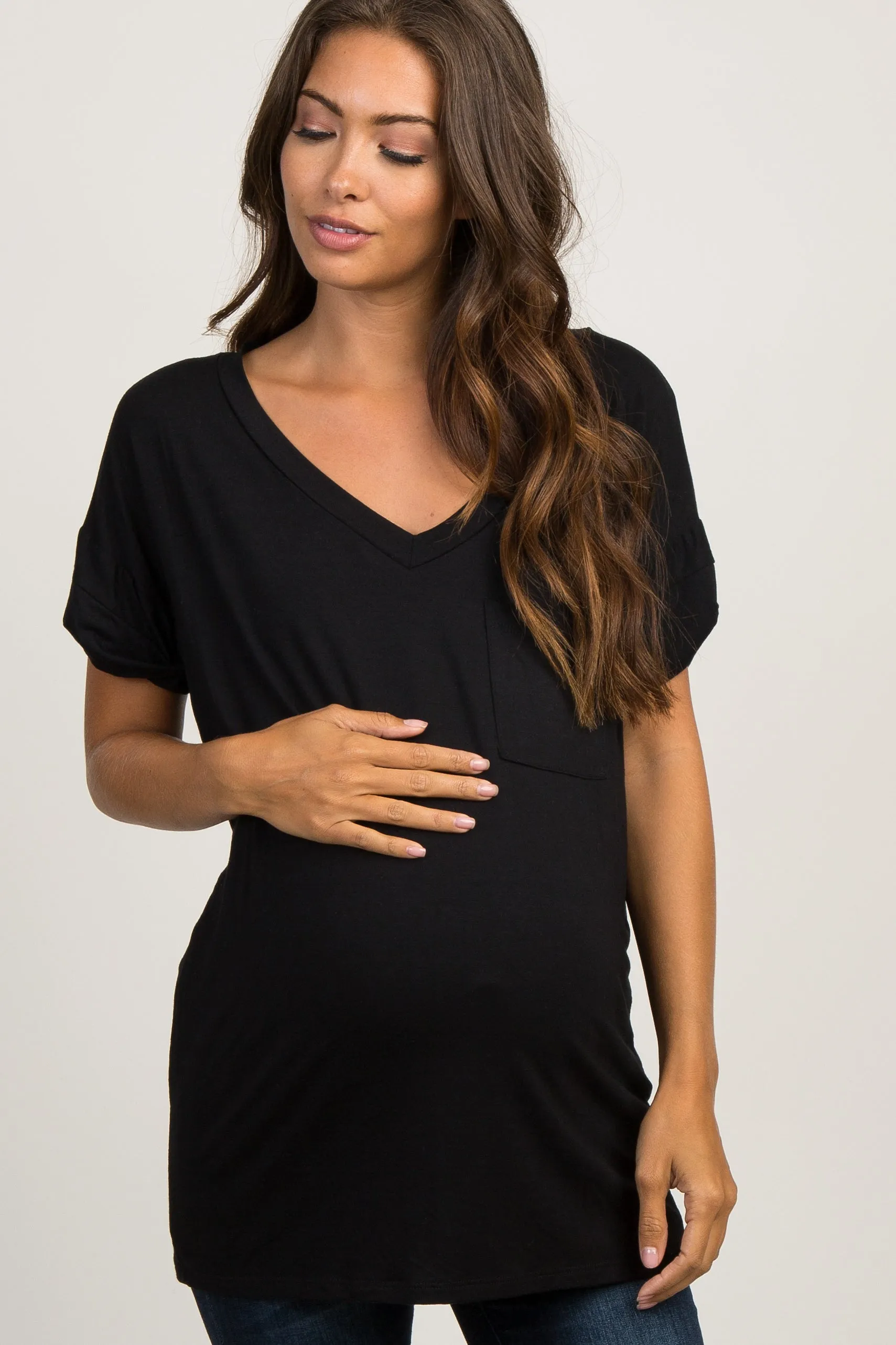 Black Basic V-Neck Pocket Maternity Top sold by Pinkblush