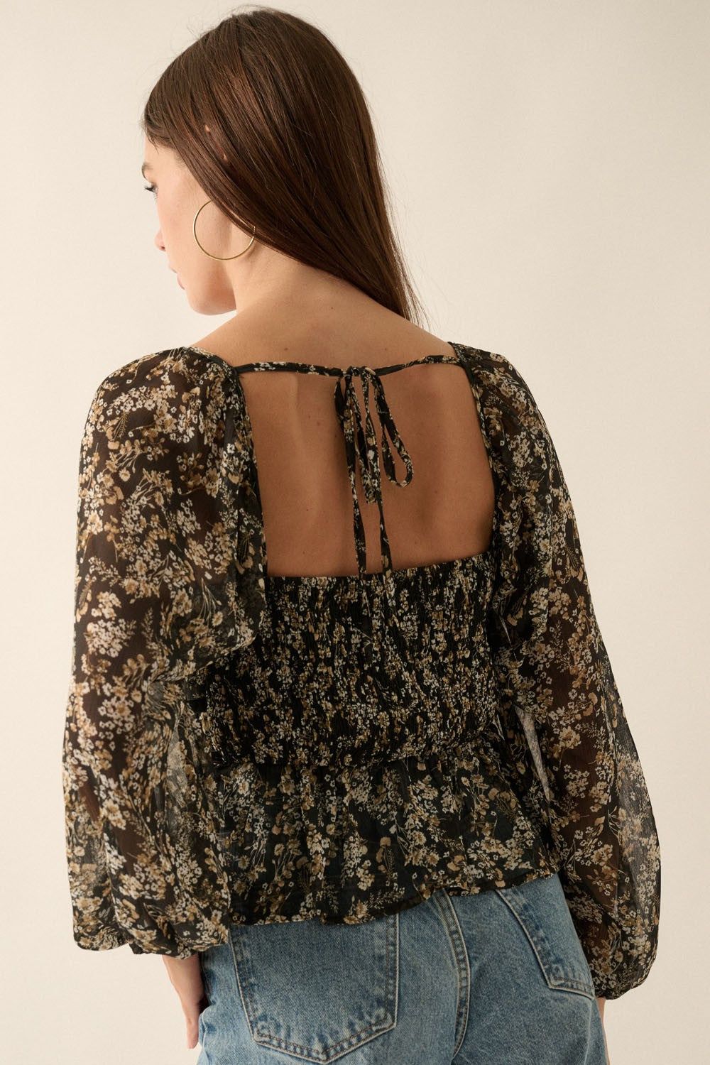 Black Floral Sweetheart Neck Semi Sheer Low Back Blouse sold by Pinkblush product image thumbnail 3