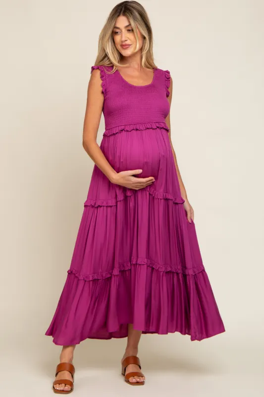 Magenta Smocked Ruffle Tier Maternity Maxi Dress sold by Pinkblush