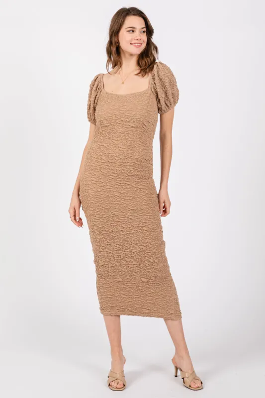 Taupe Textured Square Neck Puff Sleeve Midi Dress sold by Pinkblush