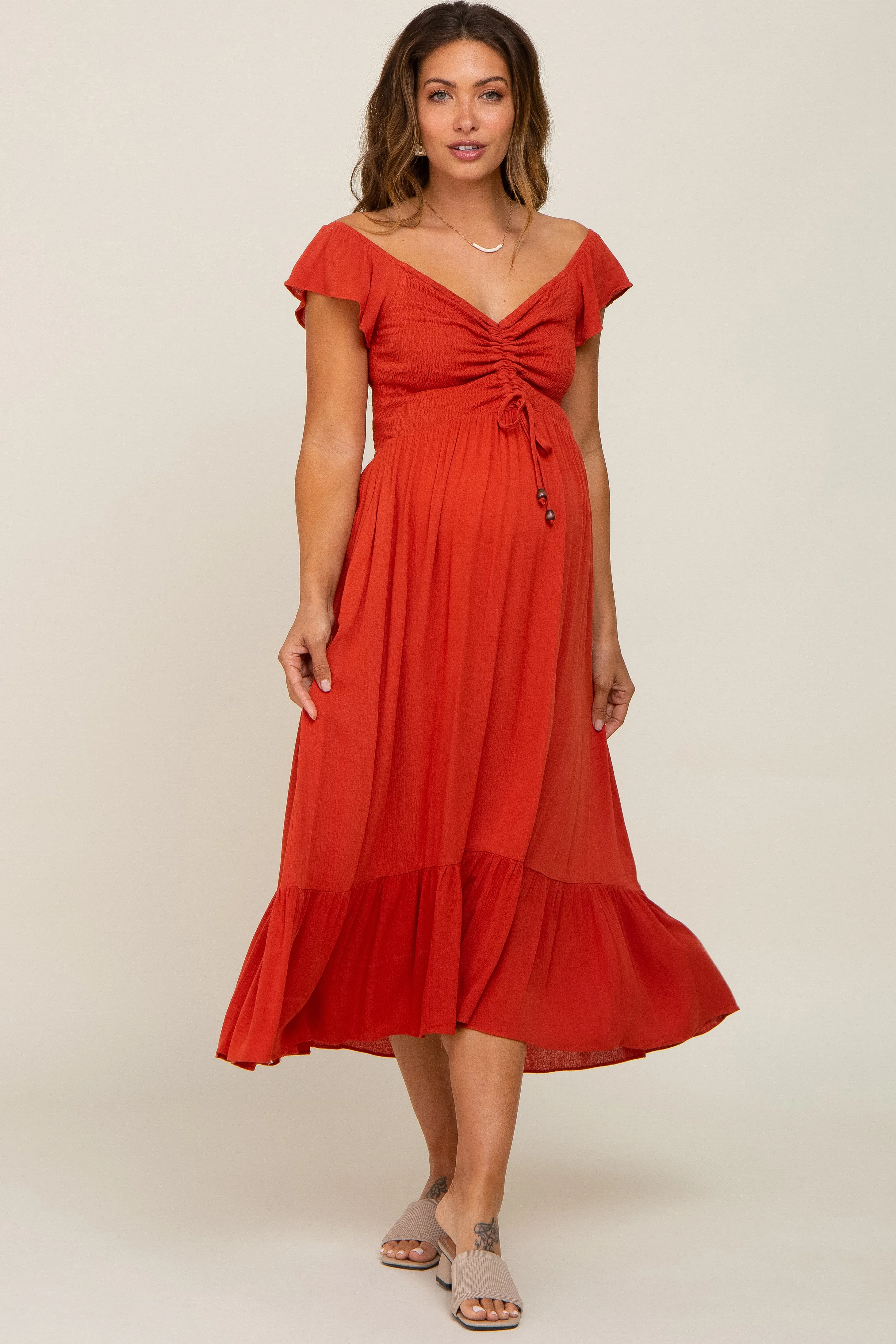 Rust Smocked Ruched Ruffle Hem Maternity Maxi Dress sold by Pinkblush product image thumbnail 2