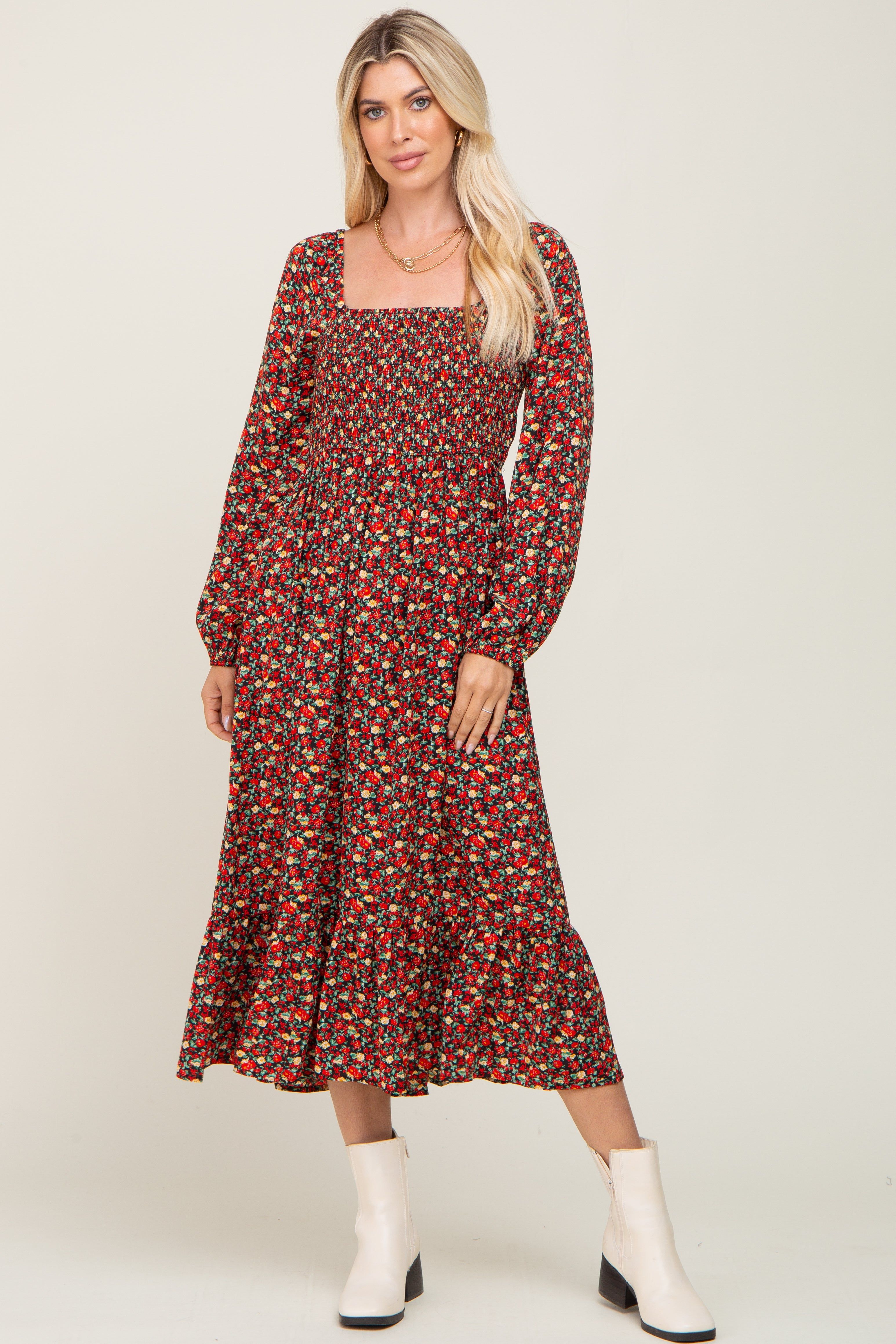 Black Floral Smocked Long Sleeve Midi Dress sold by Pinkblush