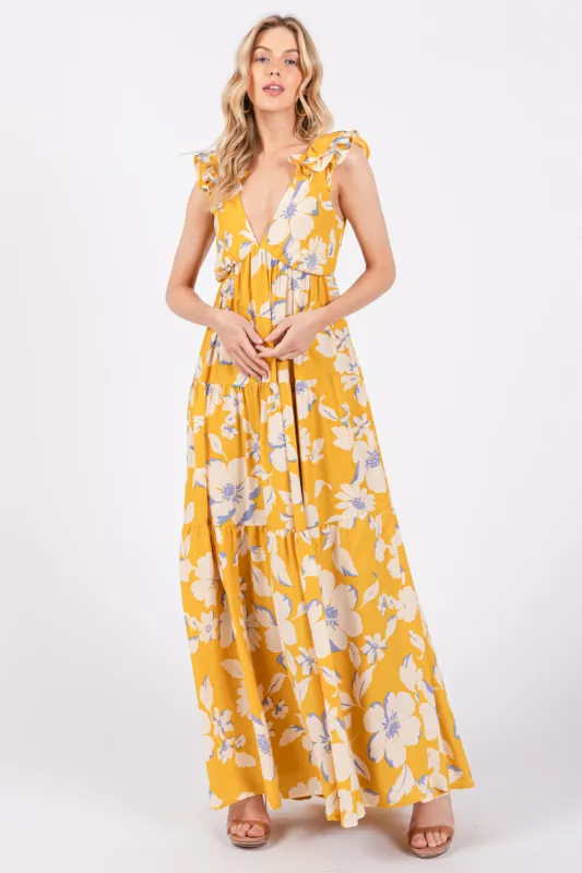 Yellow Floral Deep V-Neck Open Back Maxi Dress sold by Pinkblush