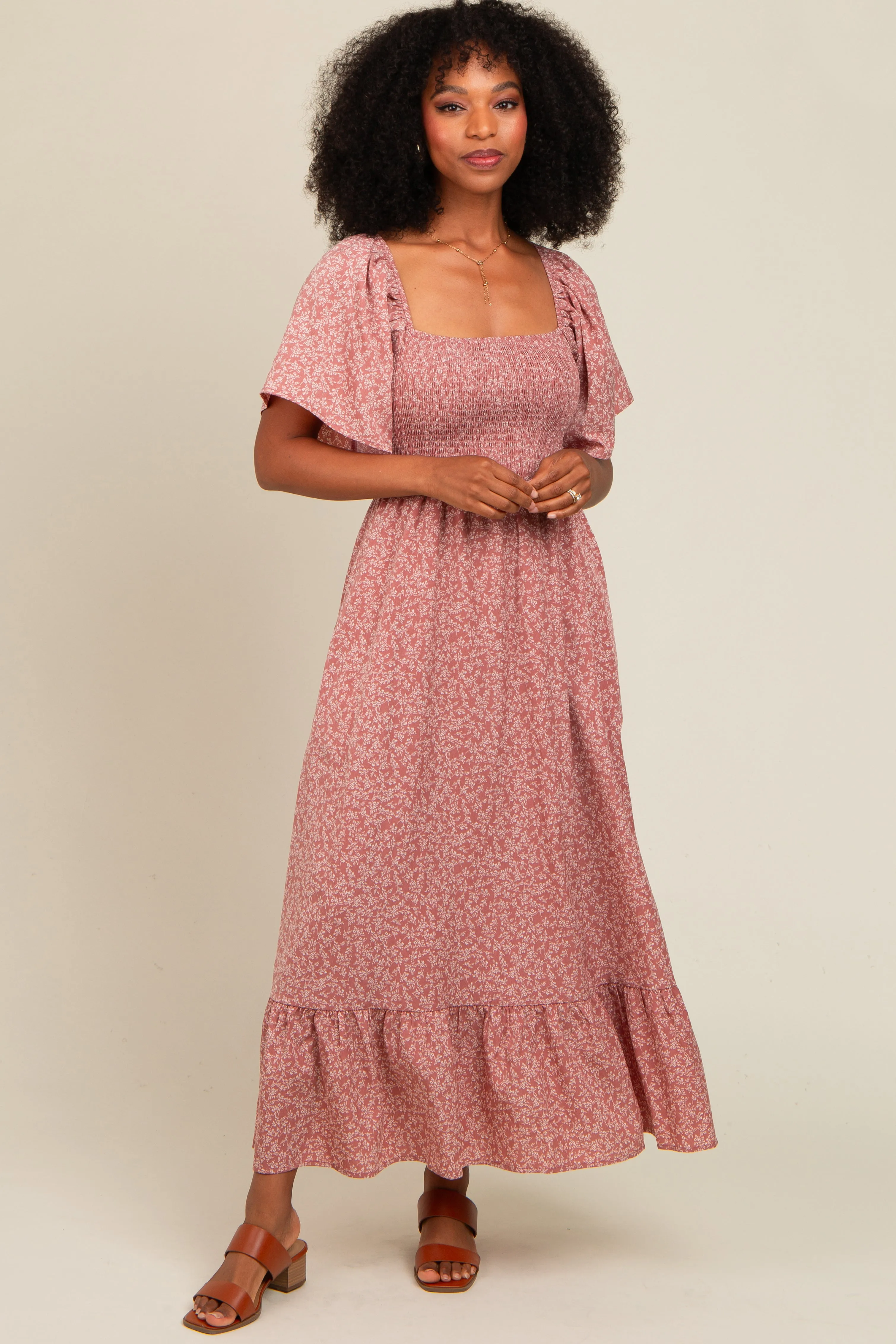 Mauve Flowy Ditsy Floral Smocked Midi Dress sold by Pinkblush product image thumbnail 2