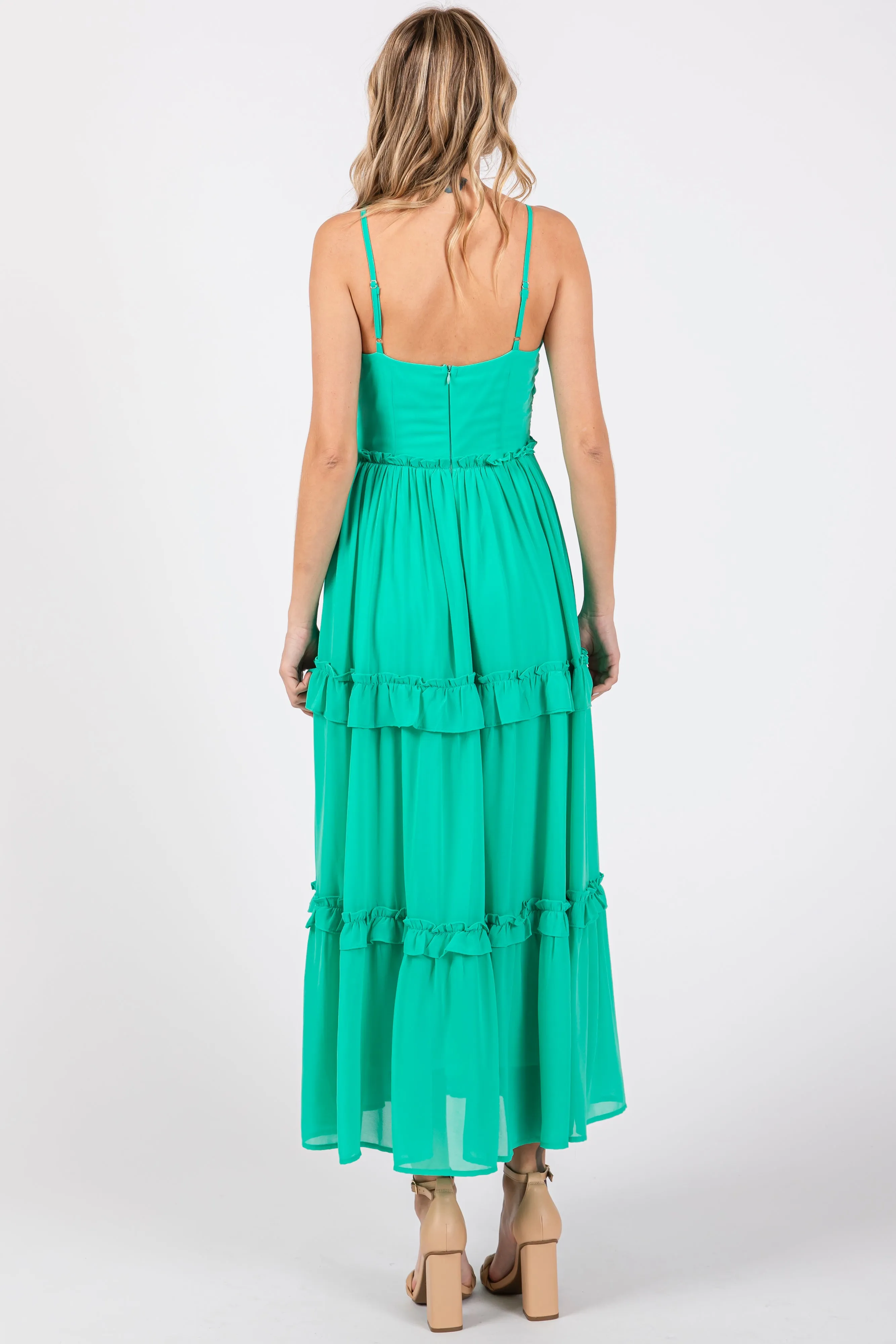 Green Sleeveless Pleated Ruffle Tiered Midi Dress sold by Pinkblush product image thumbnail 3