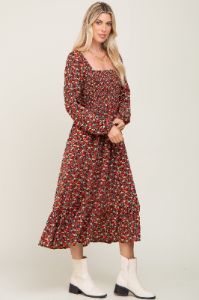 Black Floral Smocked Long Sleeve Midi Dress sold by Pinkblush