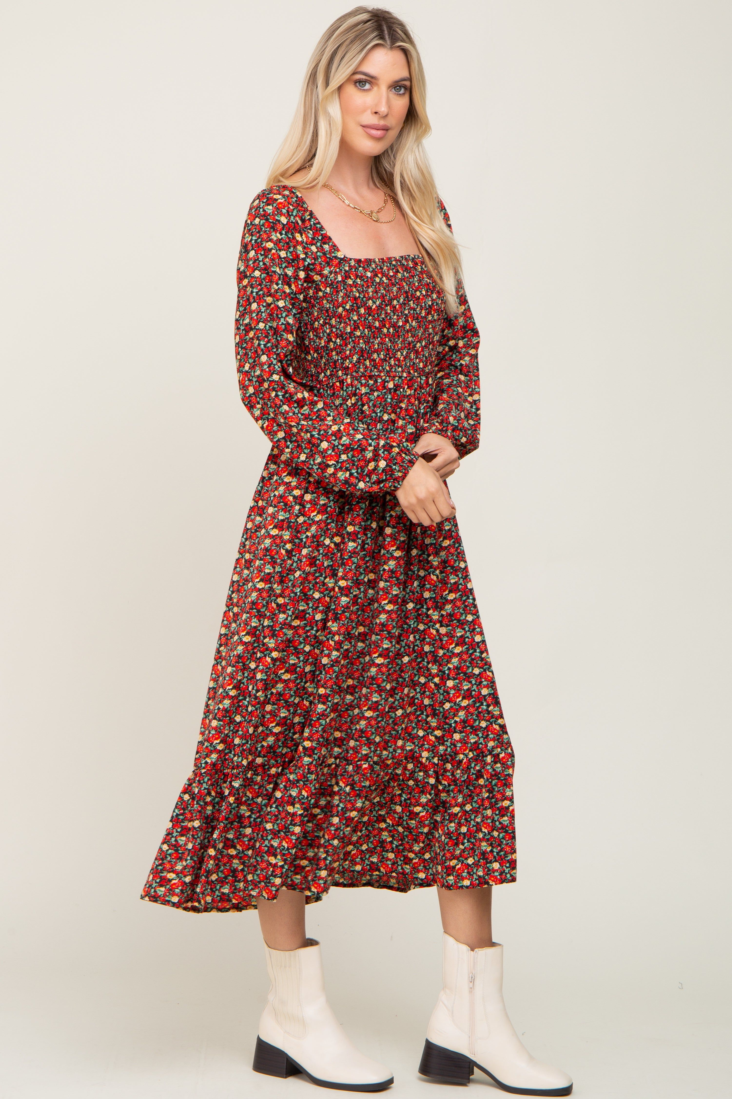 Black Floral Smocked Long Sleeve Midi Dress sold by Pinkblush product image thumbnail 2